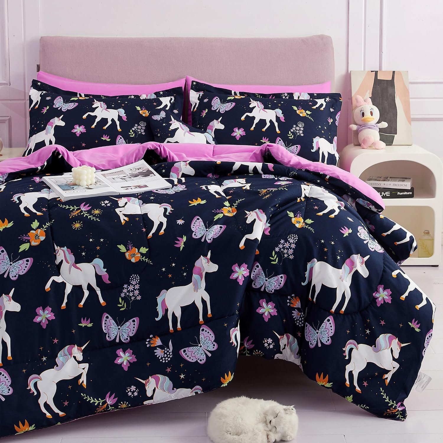 Kids Comforter Bed Set Twin Size for Girls, 6 Pieces Bed in a Bag with Shams, Sheet Set, Purple Pink Unicorn Twin Soft Microfiber Kids Comforter Bedding Set