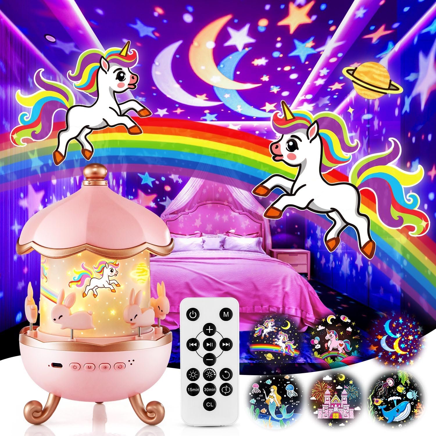One Fire Unicorn Night Light for Kids,315 Modes+15 Films Light Projector | 15 Sound Machine Baby,Dimmable+Remote+Timer & 1200mAh -Unicorn Toys for Girls Age 4-6,Room Decor,Toddler/Girls Birthday Gift