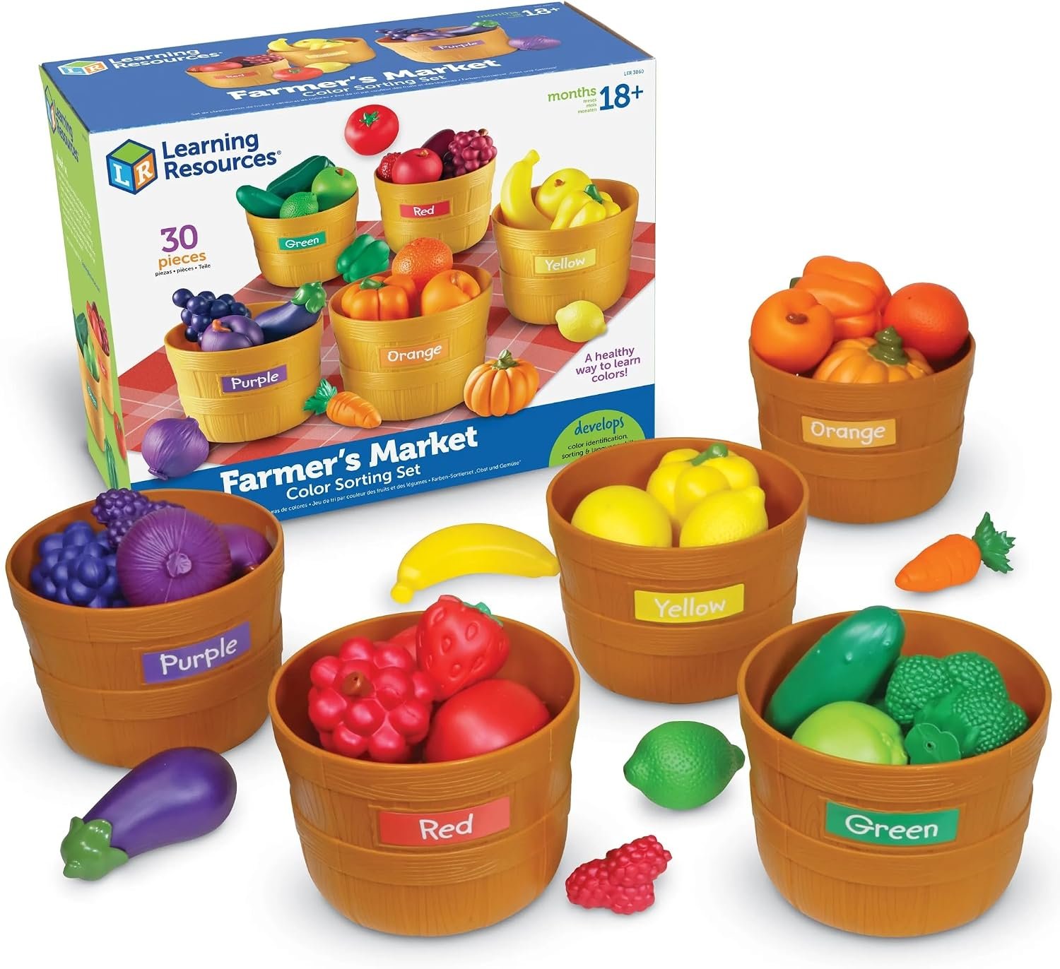 Learning Resources Farmer’s Market Color Sorting Set | Pretend Play Food Sets for Kids Kitchen, Color Sorting Toys, Plastic Fruit and Vegetable Toy for Kids Kitchen Set