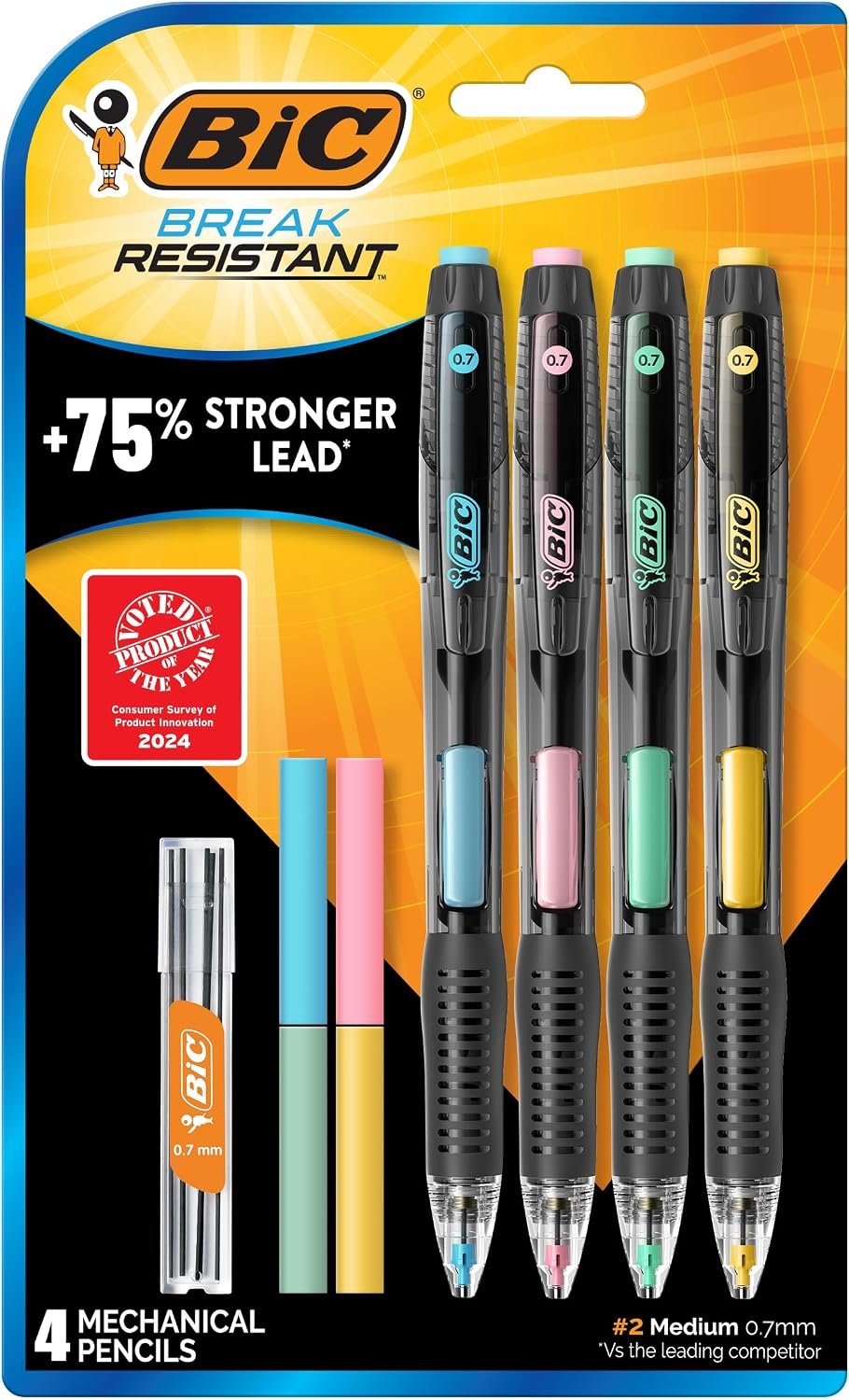 BIC Break Resistant Mechanical Pencils with Erasers, 4-Count Pack | No. 2 Medium Point (0.7mm), Ideal for School or Office Supplies, Break-Resistant Lead, Includes Lead and Eraser Refills