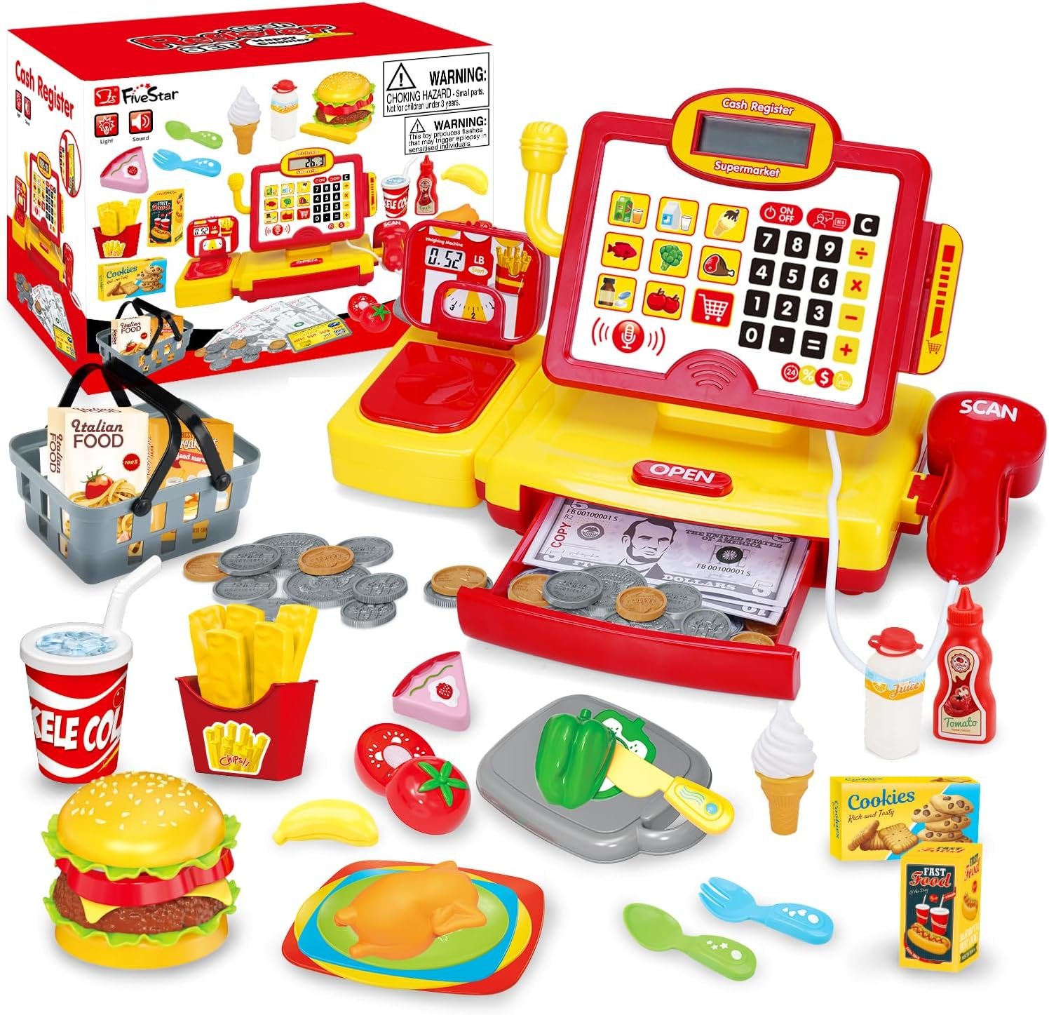 Toy Cash Register for Kids with Scanner & Play Money, Working Calculator & Microphone, 79 PCS Supermarket Role Play Set, Educational Math Learning Toy for Boys & Girls Ages 3-8