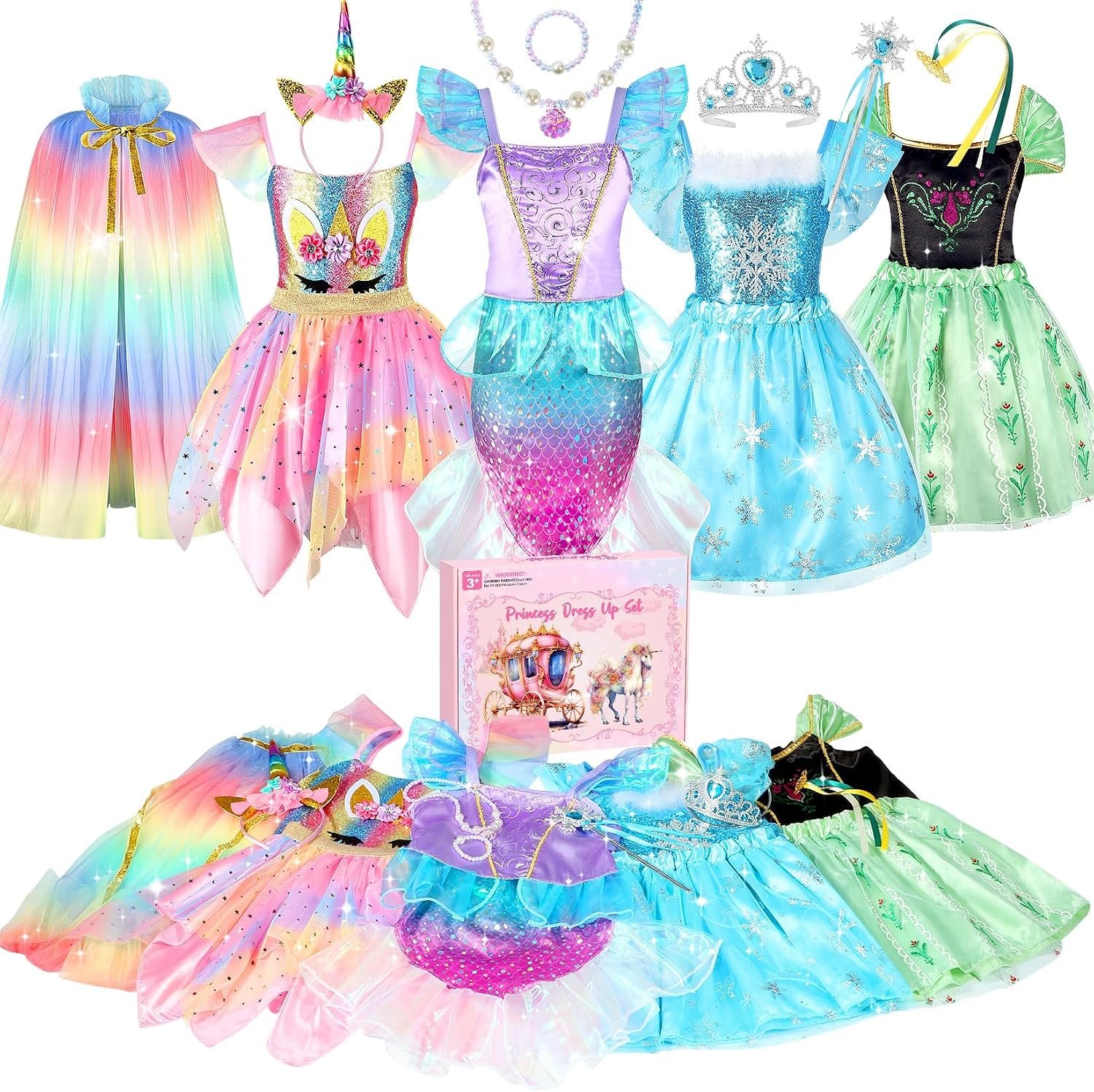 HAMSILY Princess Dress Up Clothes for Little Girls 3 4 5 6 Year Old | Princess Costume for Girls Toddler, Unicorn Costume & Mermaid Costume, Girl Toys Birthday Gifts with Cape, Jewelry
