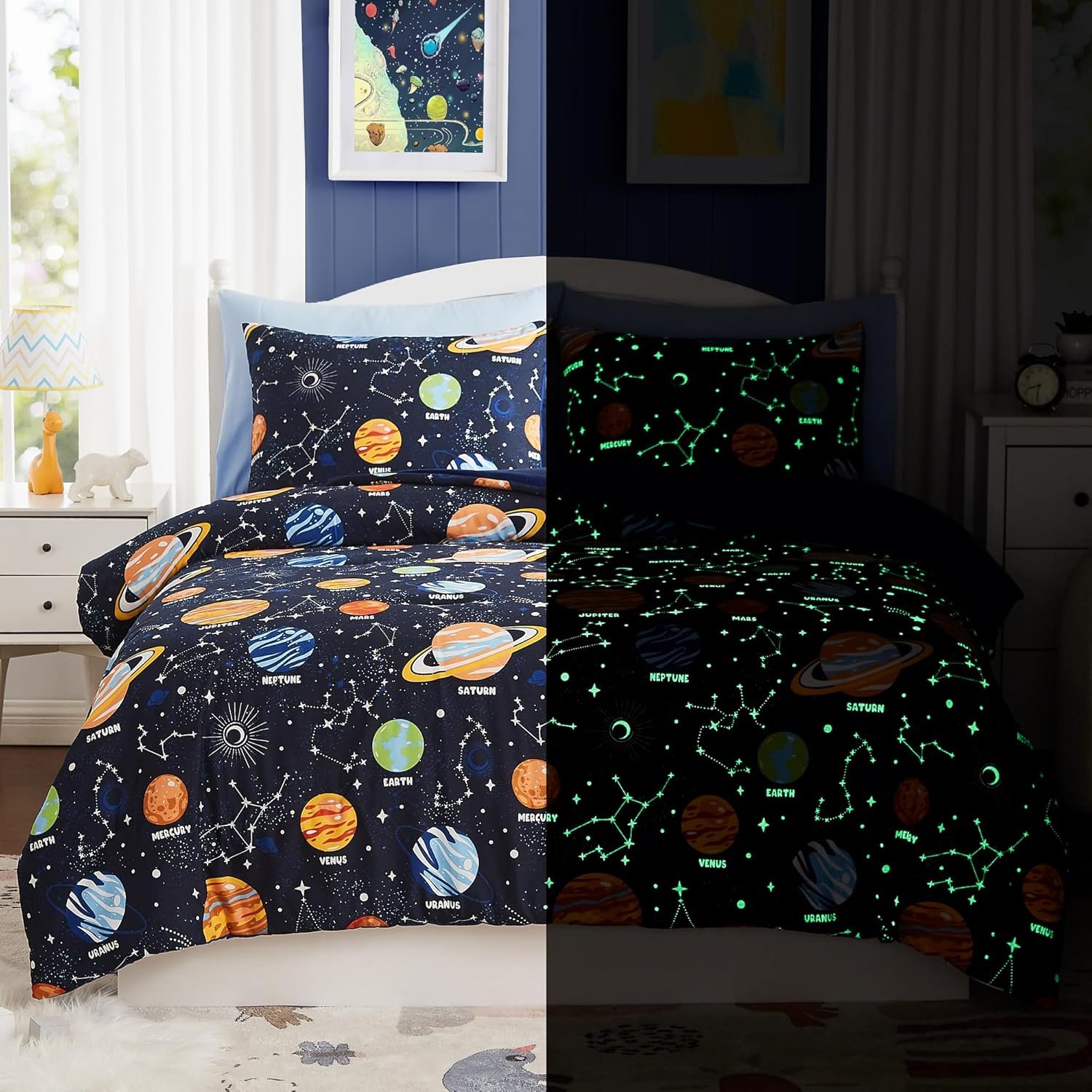 Twin Bedding Sets for Boys – 5 Pieces Space Bedding Twin Comforter Set | Glow in the Dark Kids Comforter Set, Boys Bedding with Space Comforter, Sheets, Pillowcases & Shams