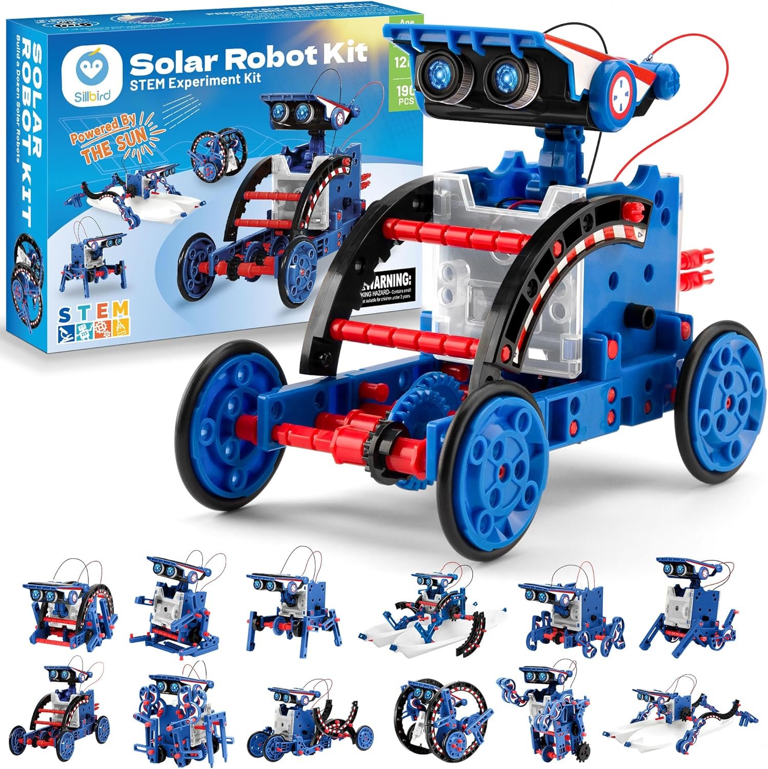 Sillbird STEM Solar Robot Building Kit, 12-in-1 Gift for Boys Ages 8-13 | Powered by the Sun, Engineering Skills, DIY Educational Birthday Presents for Kids, Buildable Learning Set, 190 Pieces