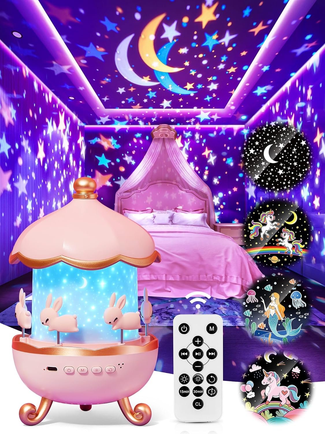 PIKOY Carousel Night Light for Kids,15 Sounds&15 Films Star Projector,Gifts | 315 Colors & 3 Brightness, 360° & Remote Control & 1200mAh -Unicorn Toys for Girls Room Decor & Toddler Gifts for Girls Baby