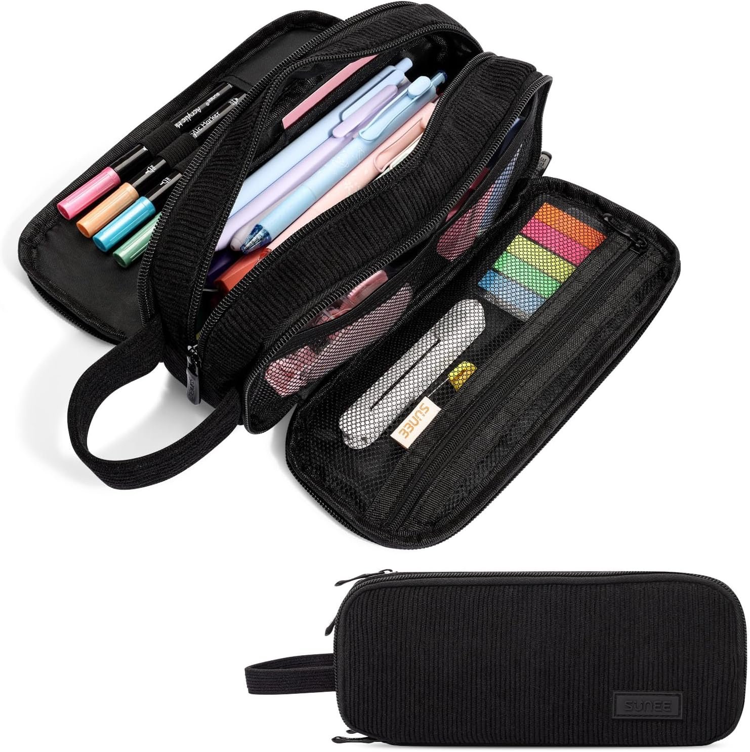 SUNEE Large Capacity Pencil Case with 3 Compartment, Extra Big Pencil Pouch, Pencil Bag with Zipper, Cute Stationery Organizer, Soft Corduroy Pen Box School Supplies for Student Girls Boys, Jet Black