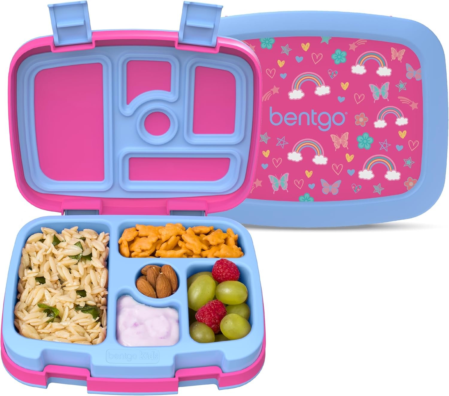 Bentgo Kids Prints Leak-Proof 5-Compartment Bento-Style Kids Lunch Box | Ideal Portion Sizes for Ages 3-7, Durable, Drop-Proof, Dishwasher Safe, PFAS & BPA-Free Materials (Rainbows and Butterflies)