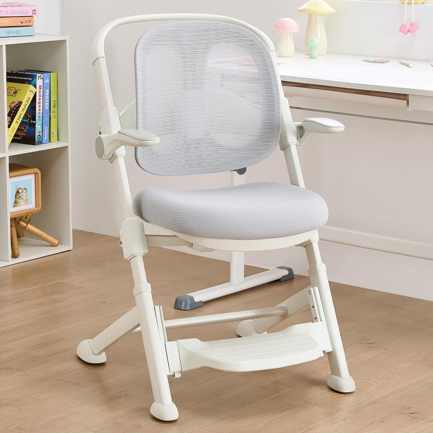ERIYA Kids Desk Chair,Ergonomic Chair: Breathable Mesh Back(Grey) | Adjustable Seat, Flip-Up Armrests, Footrest, Lumbar | Ideal for Kids, Petite Adults – Ultra-Comfy for Study/Work