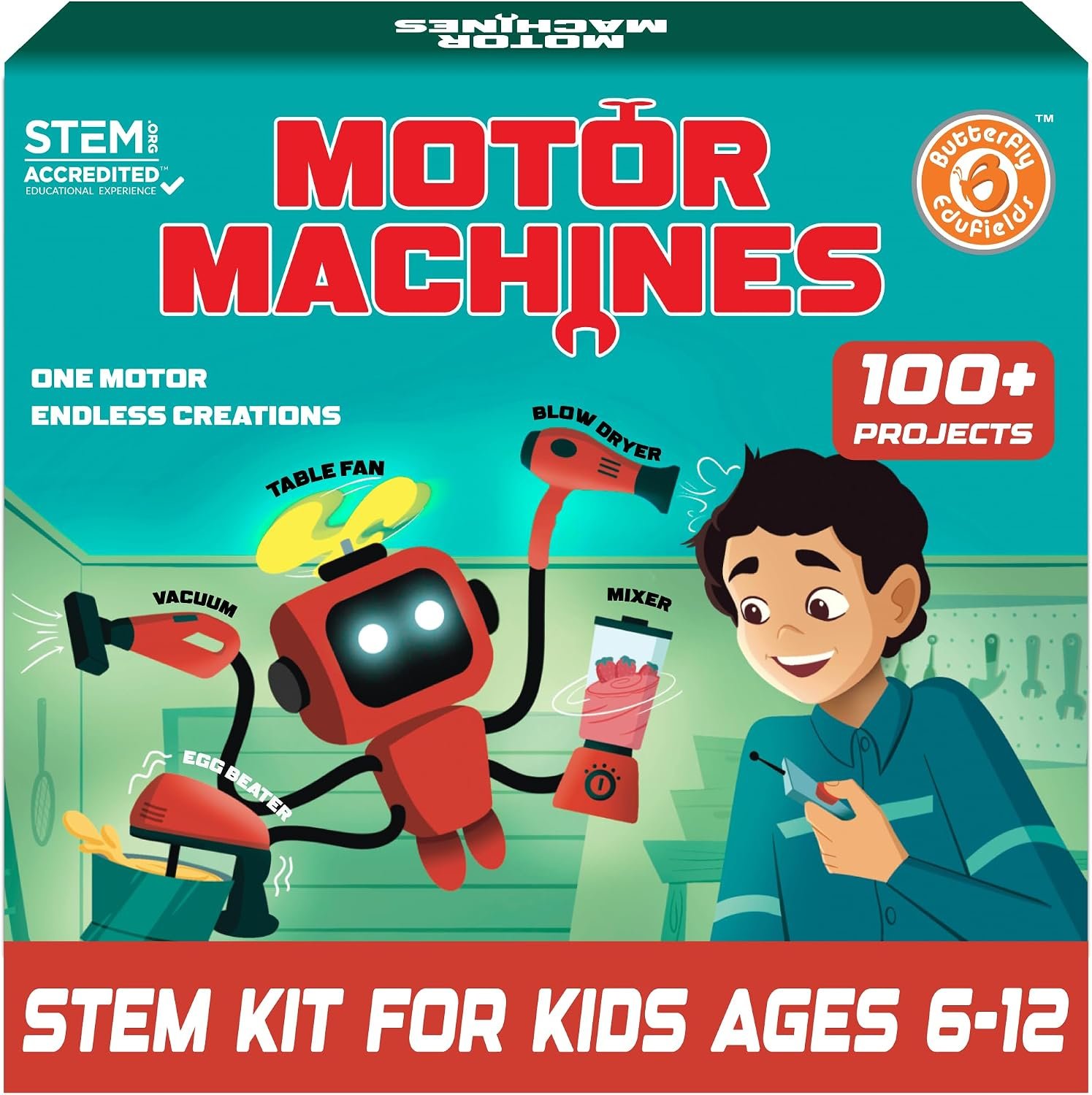 Butterfly EduFields 100+STEM Robotics Gift Kits for Ages 6-10-13 Boys Girls | Engineering & robotics kit with motor machines for kids ages 7 8-10 8-12; STEM building toy | Science Inventor Birthday gift.
