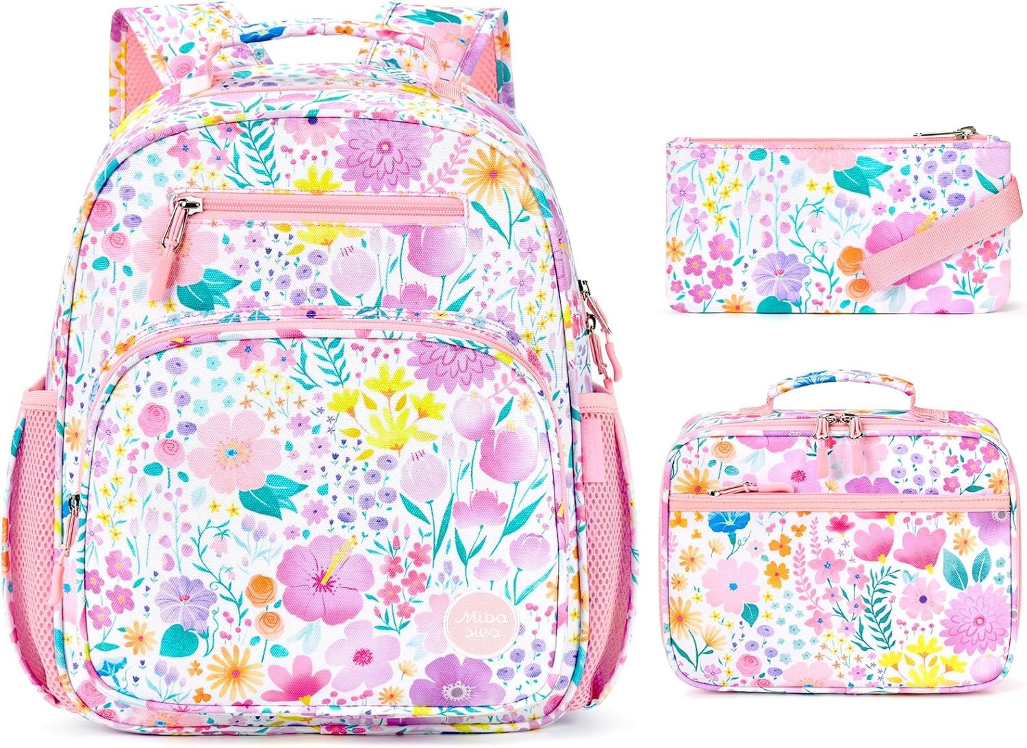 mibasies Girls Backpack with Lunch Box: 3PCS Kids Backpack Set for Kindergarten Elementary – 15 IN Cute Bookbag – Flower Pink