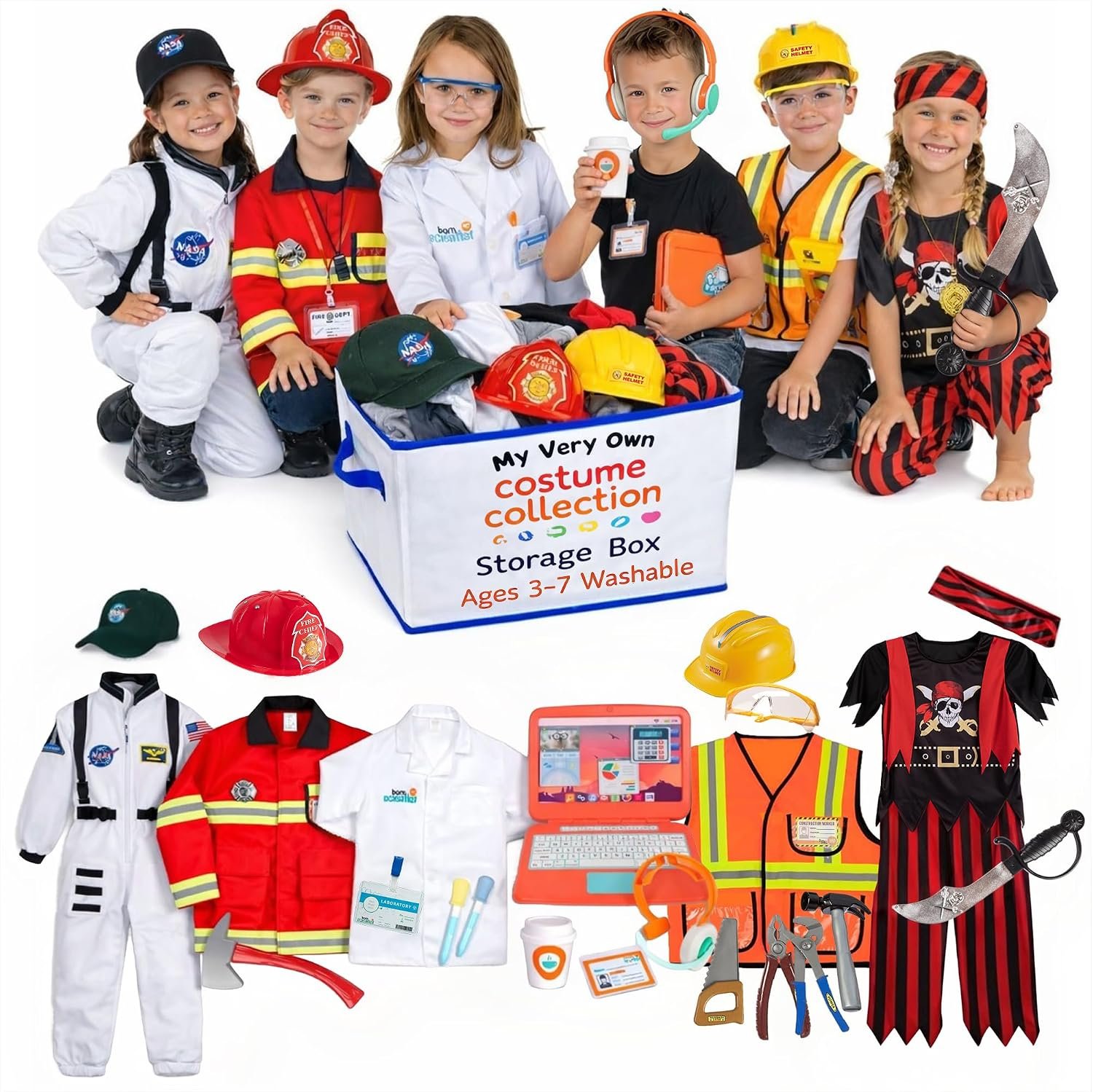 Born Toys 6-in-1 Toddler Costume Trunk, Dress Up Set for Kids, Boys & Girls | 6 washable roleplay costumes, firefighter, astronaut, construction, scientist, pirate, office, ages 3-7, gift-ready trunk set