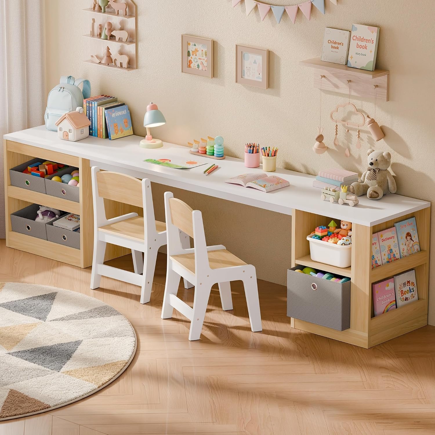 Xilingol Kids Desk and Chair Set, 82.7″ Wooden Double Study Desk for 2 Kids w/h Storage Shelves, 5 Fabric Bins & Side Book Rack, Long Toddler Craft Activity Table