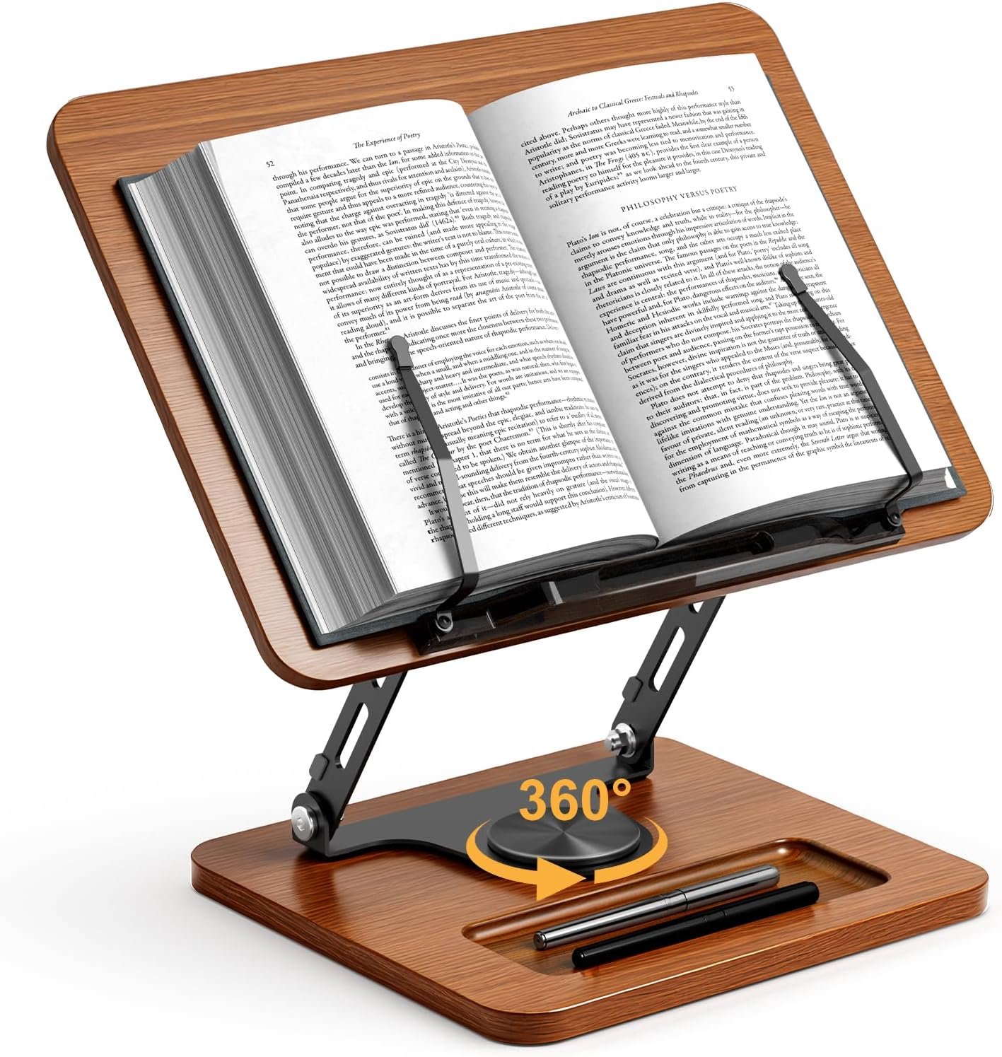 OPTIXCELL Book Stand for Reading, 360° Rotating Book Holder, Page Clips | Hands Free, Built-in Storage Tray, Adjustable Height Angle, Non-Slip, Foldable 13.3×9.4×1.9in, Fits Cookbook Tablet & Laptop