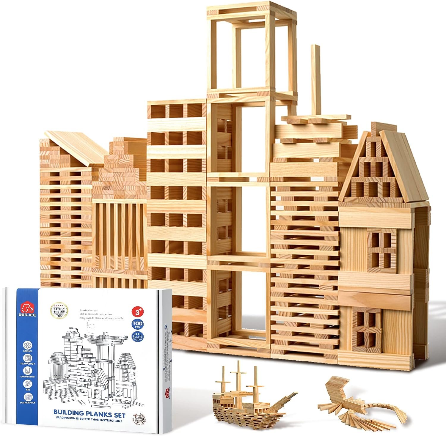 100pcs Classic Wooden Building Blocks Set,Solid STEM Building Toys for Kids, Preschool Learning Montessori Toys for Toddlers, Boys & Girls Birthday Gift (Log Color)
