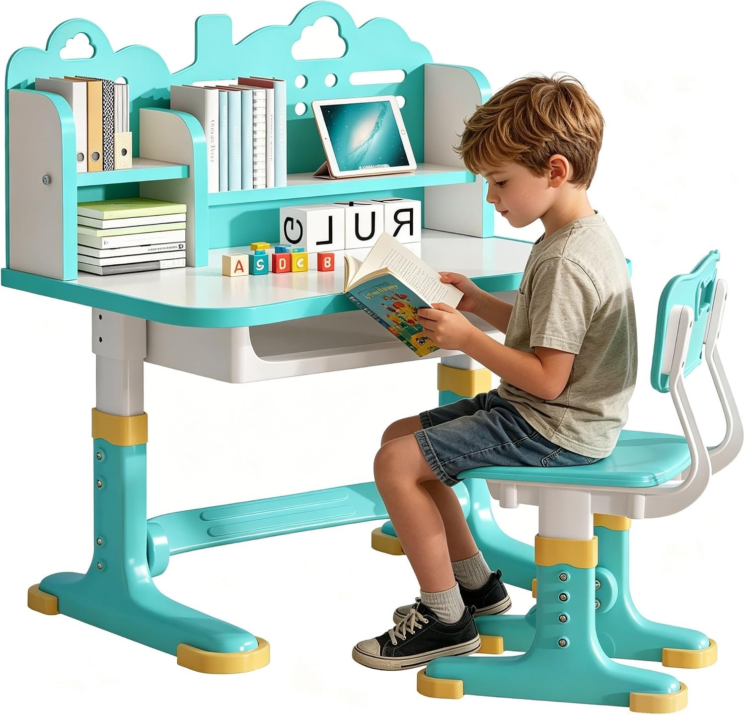 Kids Desk and Chair Set 3-12, Height Adjustable Child’s School Study Writing Tables, Kids Functional Desk with Bookstand and Storage Drawer for Boys and Girls, Study Desk (06-GYAN, 27.5IN)
