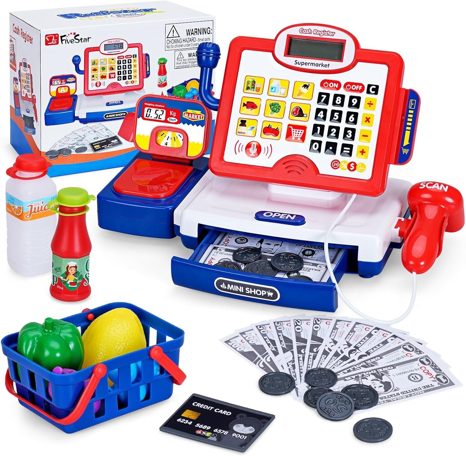 Toy Cash Register for Kids with Scanner, Play Money, Credit Card, Shopping Basket, Pretend Play Toys for Toddler 3-5-7 Years Old Boys and Girls Preschool Learning Activities, 57 Pieces Play Set
