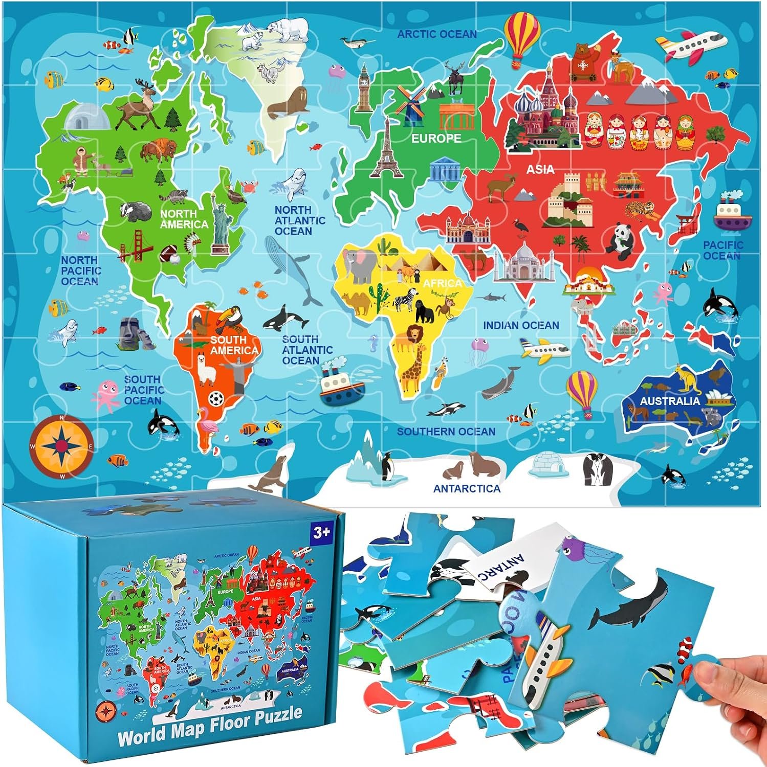 48 Pcs World Map Puzzle for Kids, Floor Puzzles for Kids Ages 4-8 | Wooden World Puzzle for Kids, Geography Preschool Learning Toys Gifts for Boys And Girls