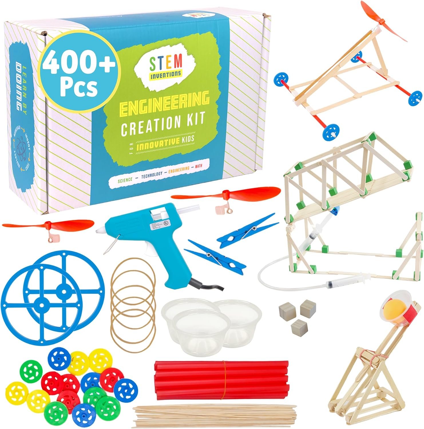 STEM Craft Kit – 25 Engineering Projects, Over 400 Components, Ages 8+ | Tons of supplies and a safe-tip hot glue gun for building STEM projects. Choose from digital library of over 25 ideas