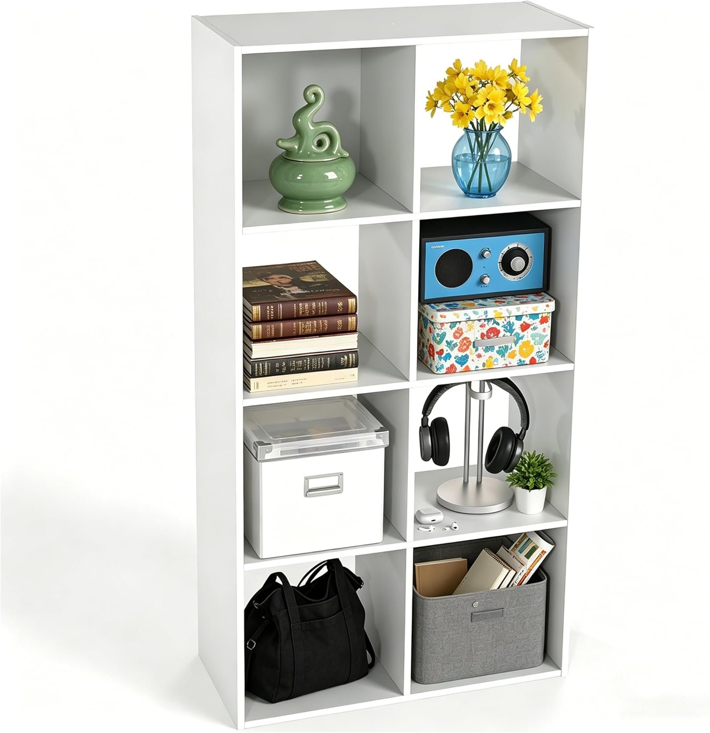 HealSmart 8 Cube Storage Organizer, 4 Tier Stackable Bookshelf, Open Cube Bookshelf with 4 Removable Back Panels, Suitable for Living Room, Bedroom, Home Office, 47.7″ L X 11.6″ W X 24″ H, White