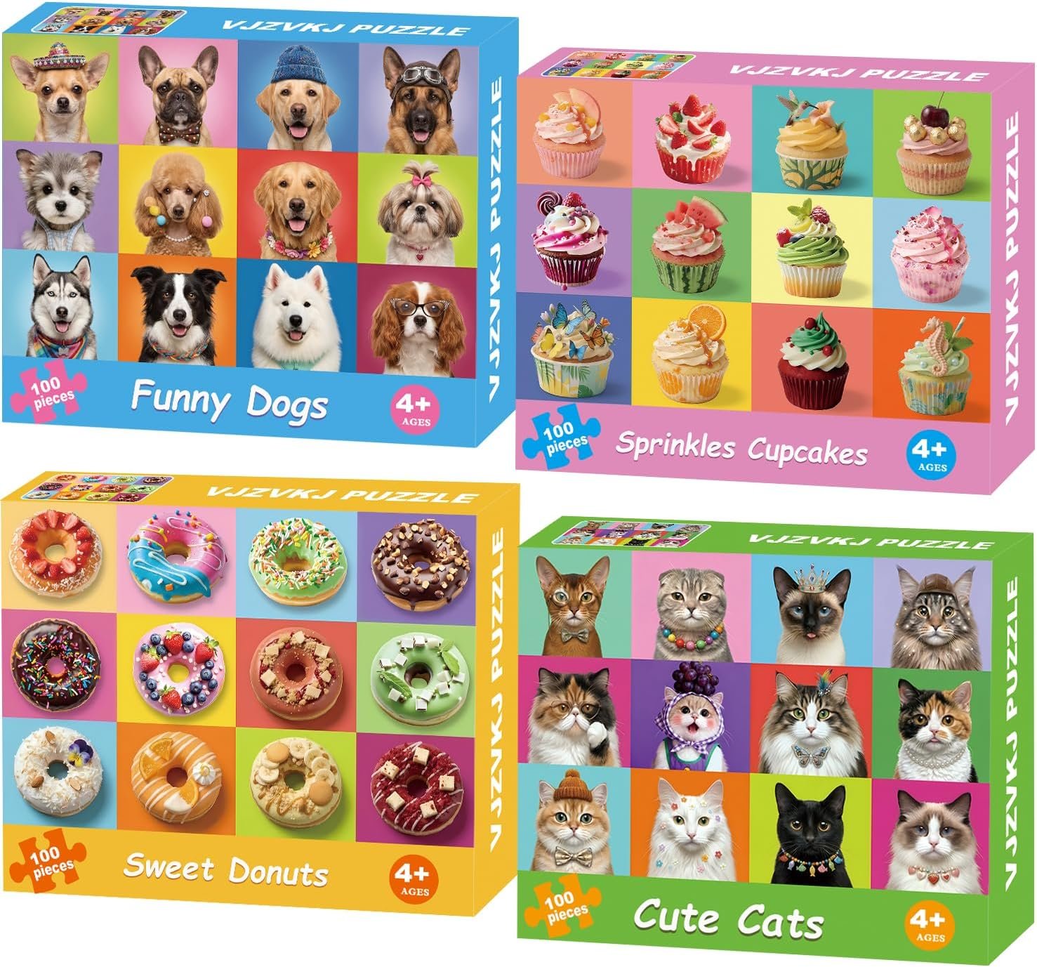 Puzzles for Kids Ages 4-6 6-8 8-10 Year Old, 4 Packs 100 Piece Dogs Cats Cupcakes Donuts Educational Jigsaw Puzzles, Learning Educational Kid Jigsaw Puzzles Gifts for Girls and Boys