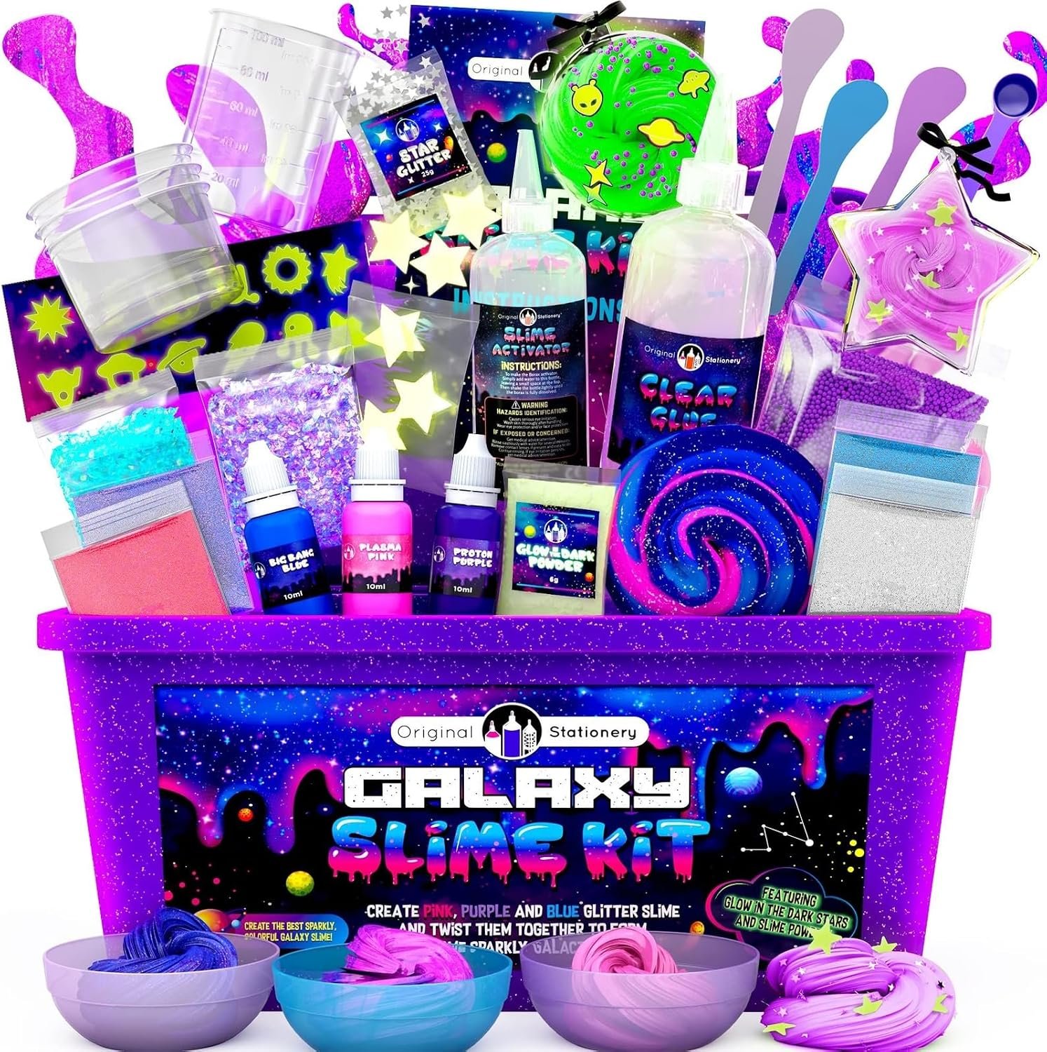 Original Stationery Galaxy Slime Kit for Kids Ages 8–12, DIY Space Slime Set with Glow-in-The-Dark Stickers & Galactic Glitter, Fun Cosmic Craft for Creative Play, Birthday Gift for Boys & Girls