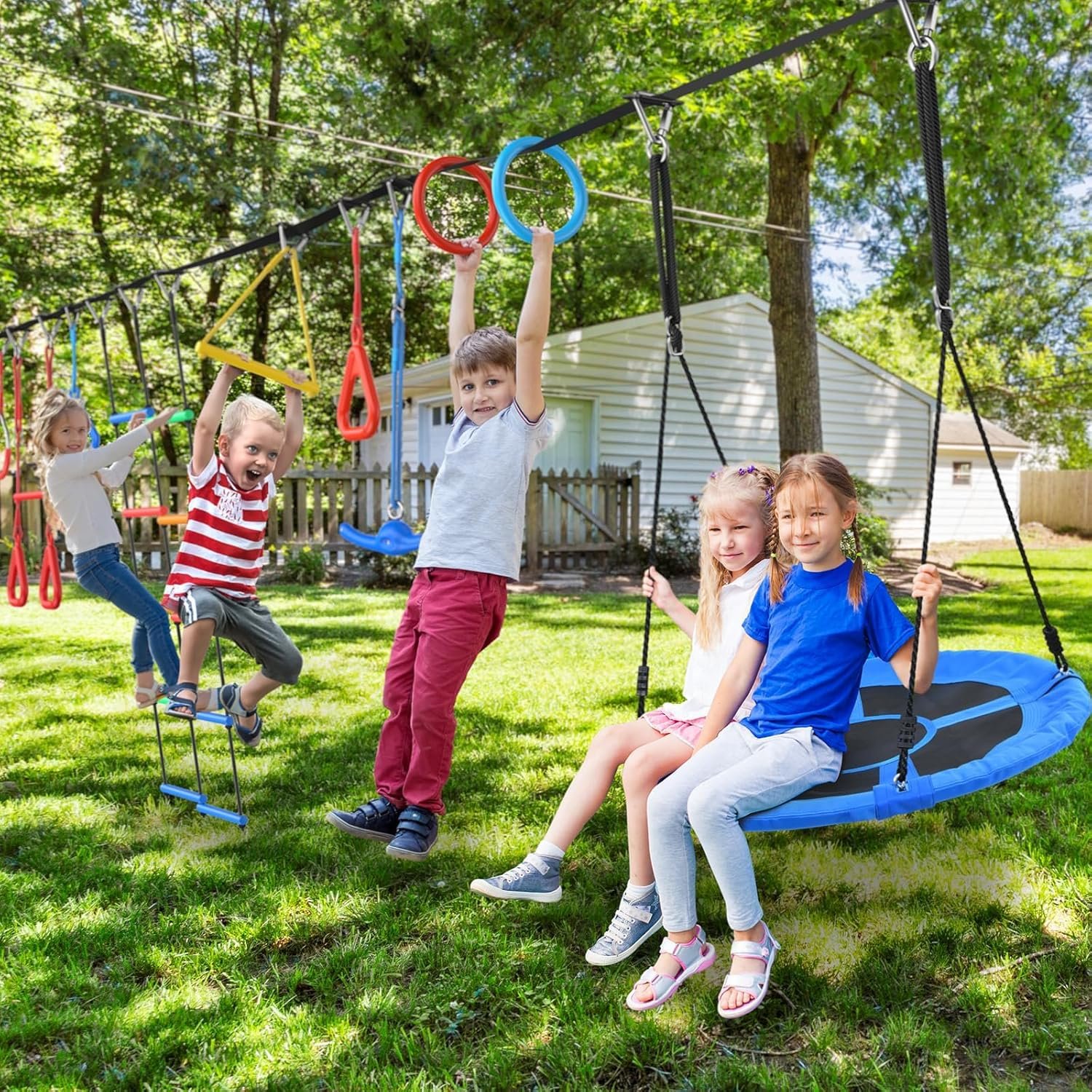 65 ft Ninja Warrior Obstacle Course for Kids with Saucer Tree Swing | ASTM Certified Slackline Swing Set, Long Ninja Obstacle Course for Backyard Outside with 11 Accessories, Supports 880 lbs