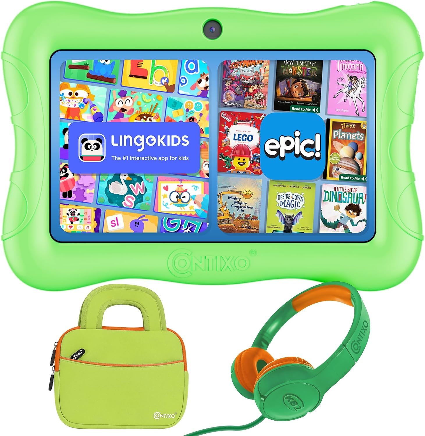 Contixo 7″ Kids Learning Tablet Bundle – Headphones, Sleeve Bag, Pre-Installed Games and Educational Apps, Parental Controls, Ideal for Education – Green