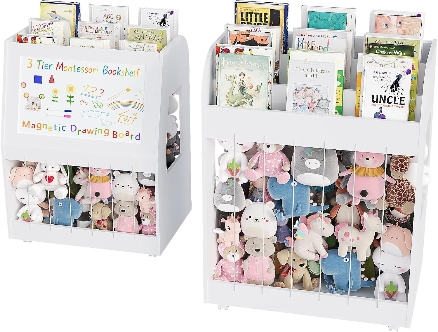 Montessori Bookshelf, 3 Tier Bookcase/Magnetic Drawing Board/Stuffed Animal Storage for Toddlers, Toy Box with 360° Rolling Wheels and Easel for Girls Boys Bedroom/Playroom (White)