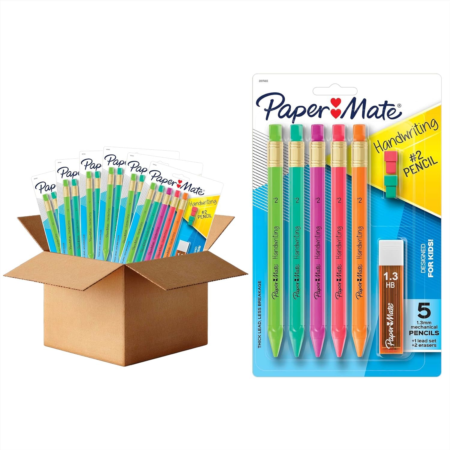 Paper Mate Handwriting Triangular Mechanical Pencils with Lead & Eraser Refills, 1.3mm, Fun Barrel Colors, 30 Count (6 Packs of 5) – Teacher Supplies, Learning to Write