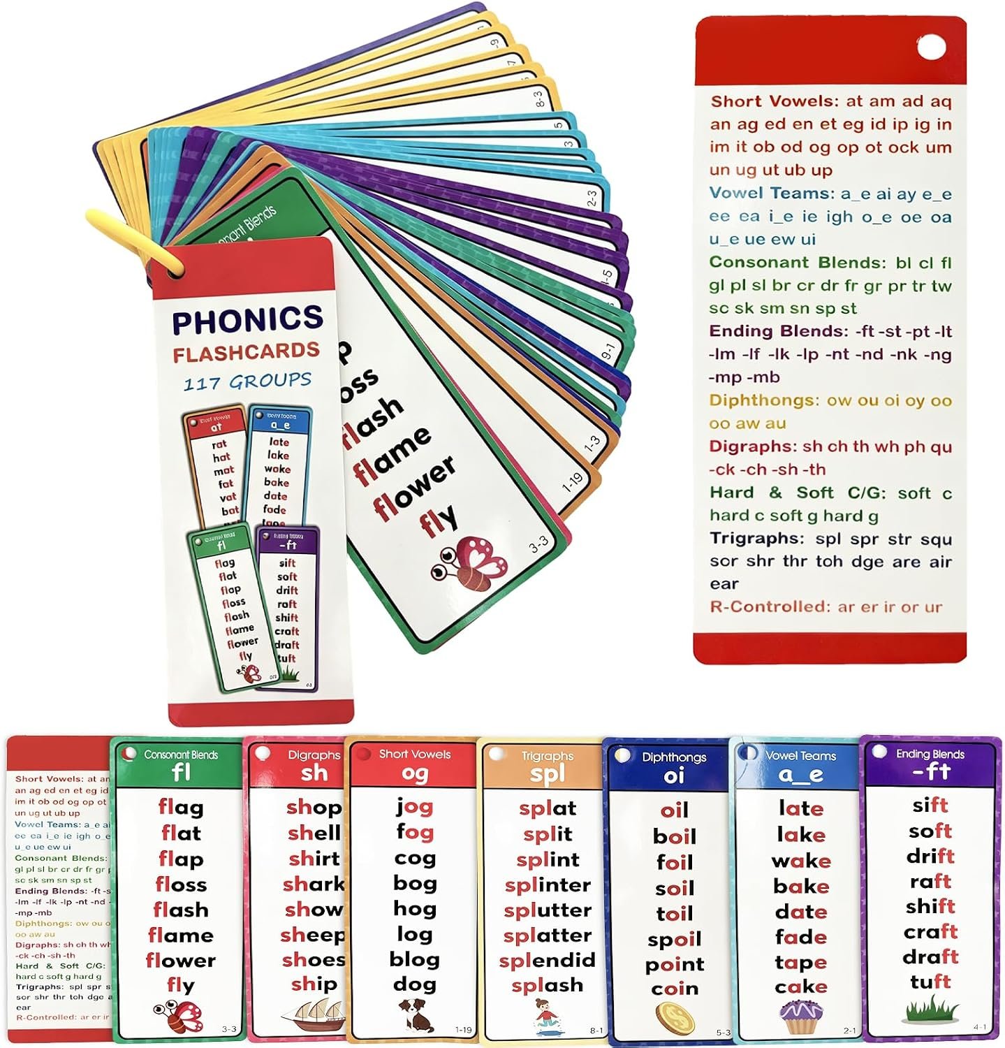 Phonics Word Cards, 117 Sound Groups 900+ Words, 60 Double-Sided Phonics Flash Cards, Learn to Read Phonics Flash Cards, Educational Flash Cards for Sight Word Games, Home、School Learning