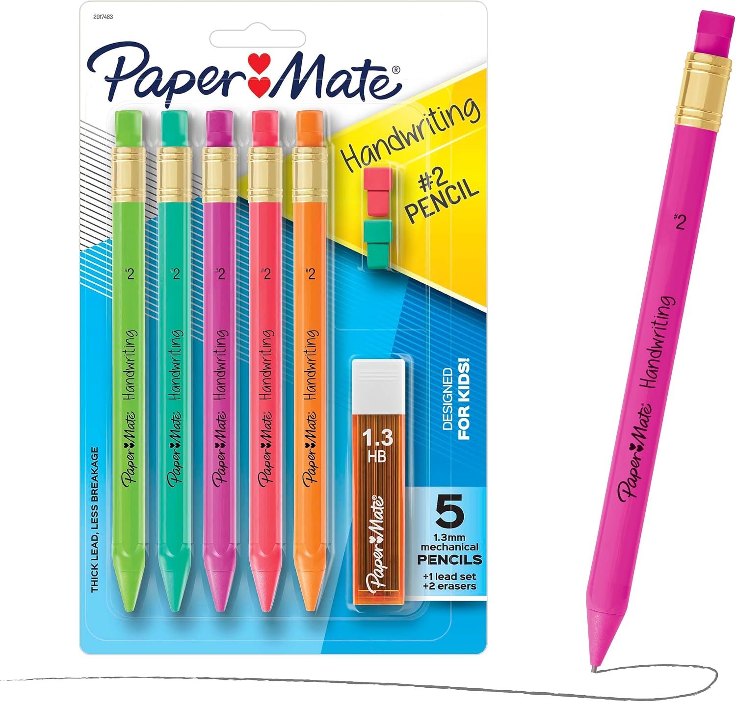 Paper Mate Handwriting Triangular Mechanical Pencils with Lead & Eraser Refills, 1.3mm, Fun Barrel Colors, 5 Count – School Supplies, Kids Writing