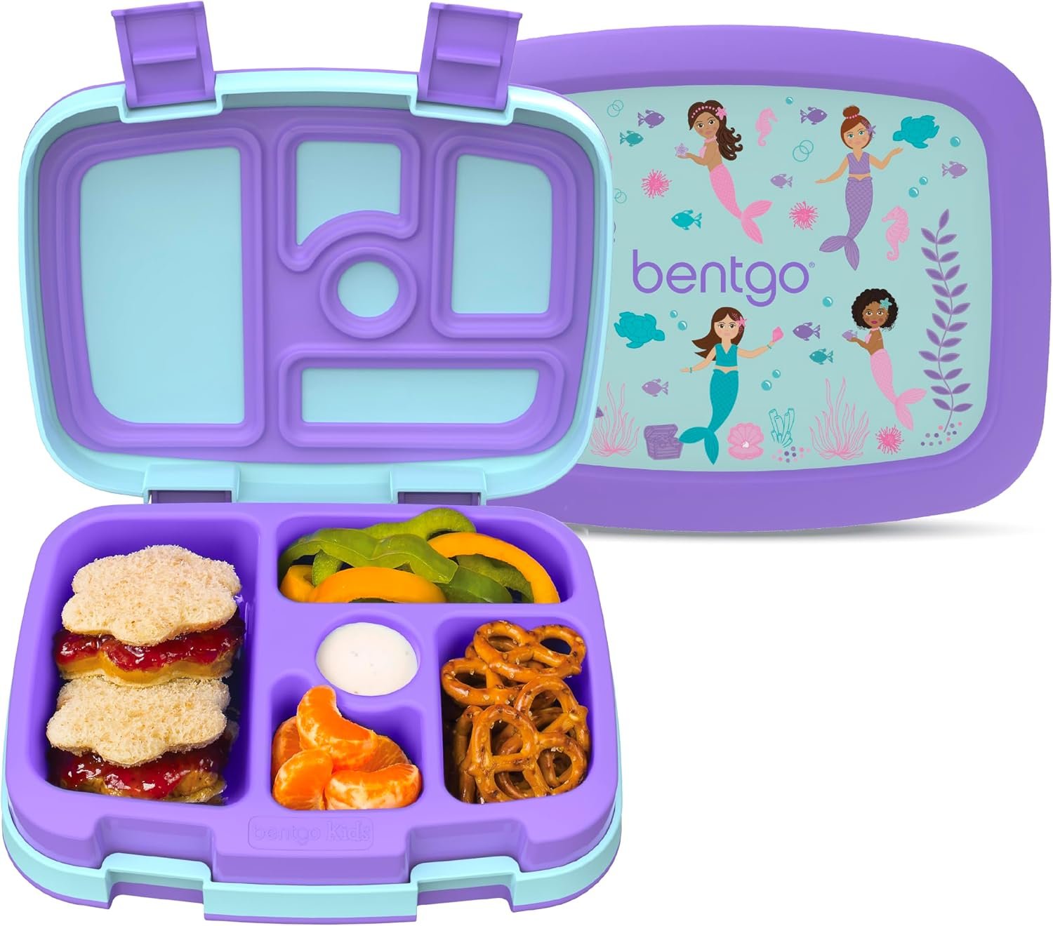 Bentgo Kids Prints Leak-Proof 5-Compartment Bento-Style Kids Lunch Box | Ideal Portion Sizes for Ages 3-7, Durable, Drop-Proof, Dishwasher Safe, PFAS & BPA-Free Materials (Mermaids in the Sea)