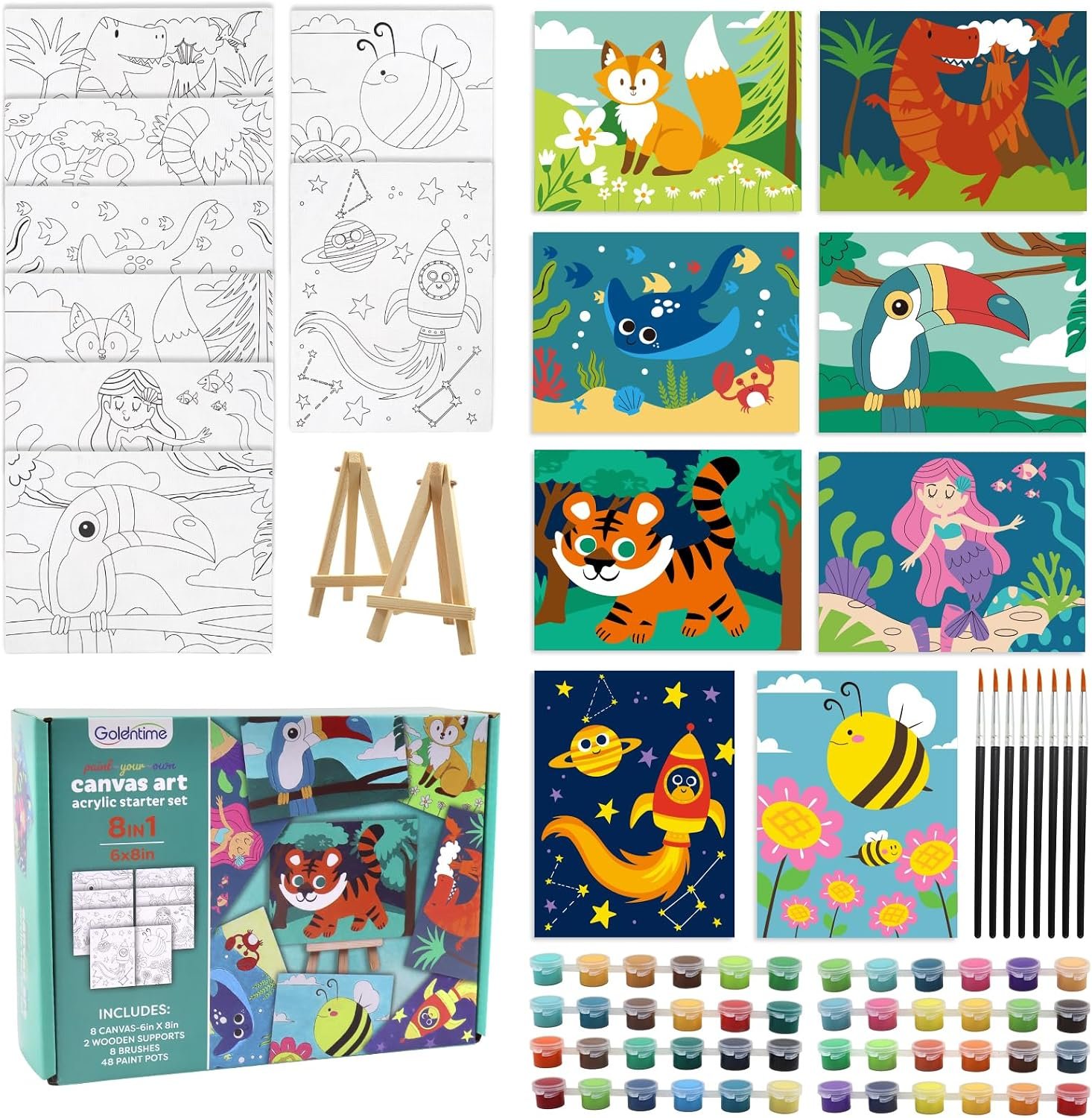 goldentime 8 Packs Predrawn Canvas for Painting Kids Painting Canvas for Kids Painting Kits for Kids 4-8, 48 Paints, 8 Brushes 2 Easels, 8 6×8 Printed Canvas to Paint for Girls Boys and Beginners
