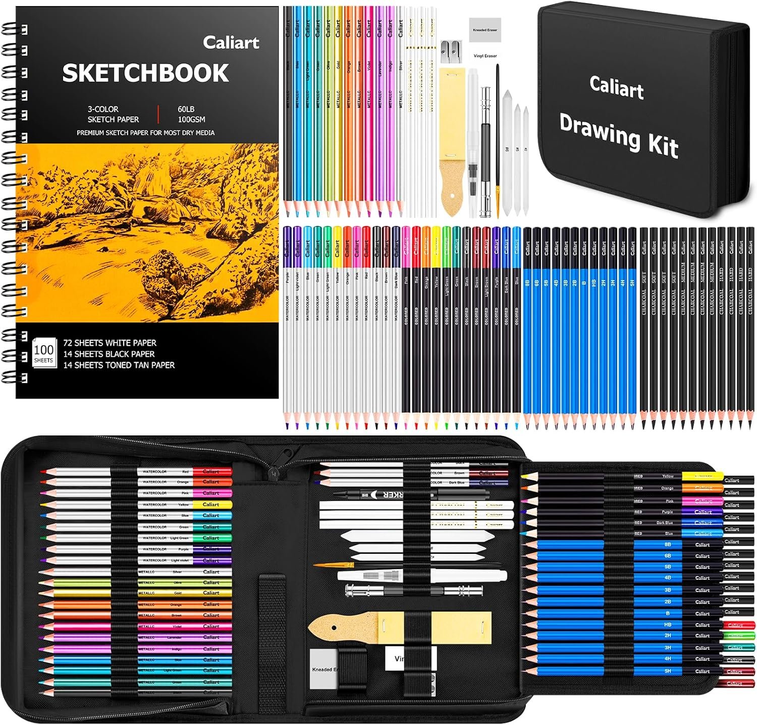 Caliart 176PCS Art Supplies Sketching Kit, 100 Sheets 3-Color Sketch Book | Graphite Colored Charcoal Watercolor & Metallic Pencils, Drawing Supplies Set Gifts for Adults Teens Girls Boys Kids