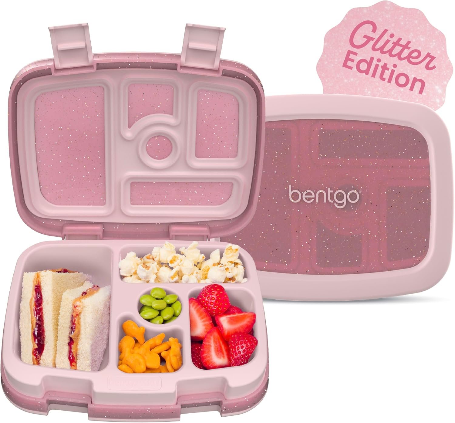 Bentgo Kids Bento-Style 5-Compartment Leak-Proof Lunch Box – Just-Right Portions Ages 3-7, Durable, Drop-Proof, Dishwasher Safe, PFAS & BPA-Free & Made with Food-Safe Materials (Petal Pink Glitter)