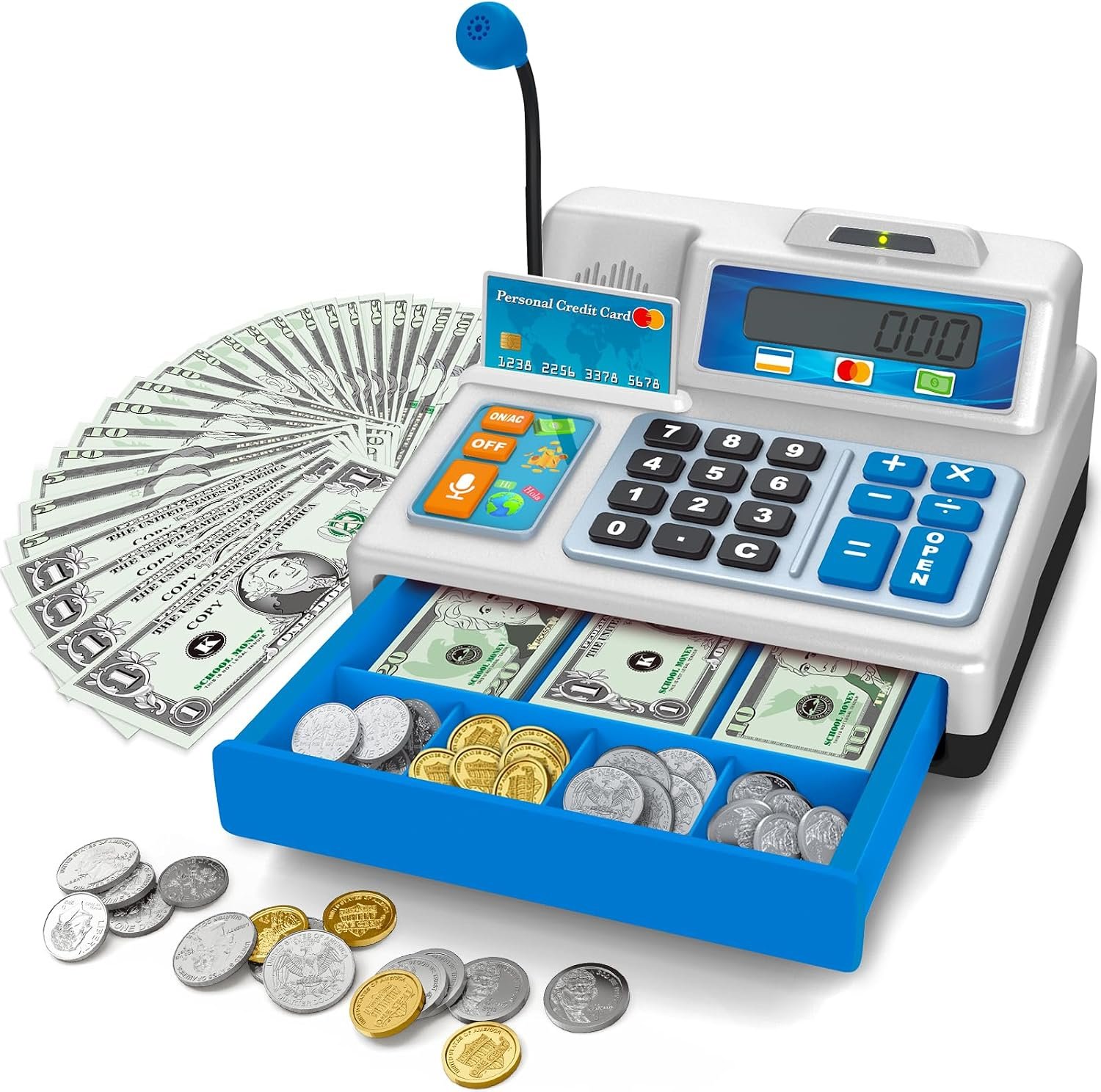 Calculator Cash Register – 103 Pcs Toy Cash Register, Store Set with Microphone, Credit Card and Banking for Kids, Early Math Skills Toys Gifts for 3, 4, 5, 6 7 8+ Years Old Boy Girl