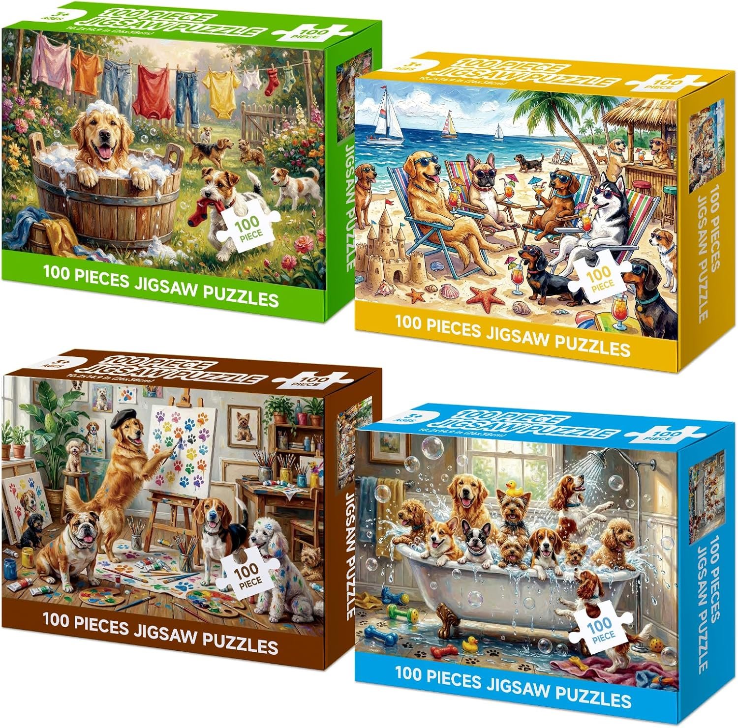 4-Pack 100 Piece Puzzles for Kids Ages 4-6 6-8 8-10, Funny Dogs 100 Piece Puzzles for Seniors Adults, Cute Animals Large Piece Kids Puzzles 100 Pieces for Seniors Adults Family Game Gifts (15×10 in)