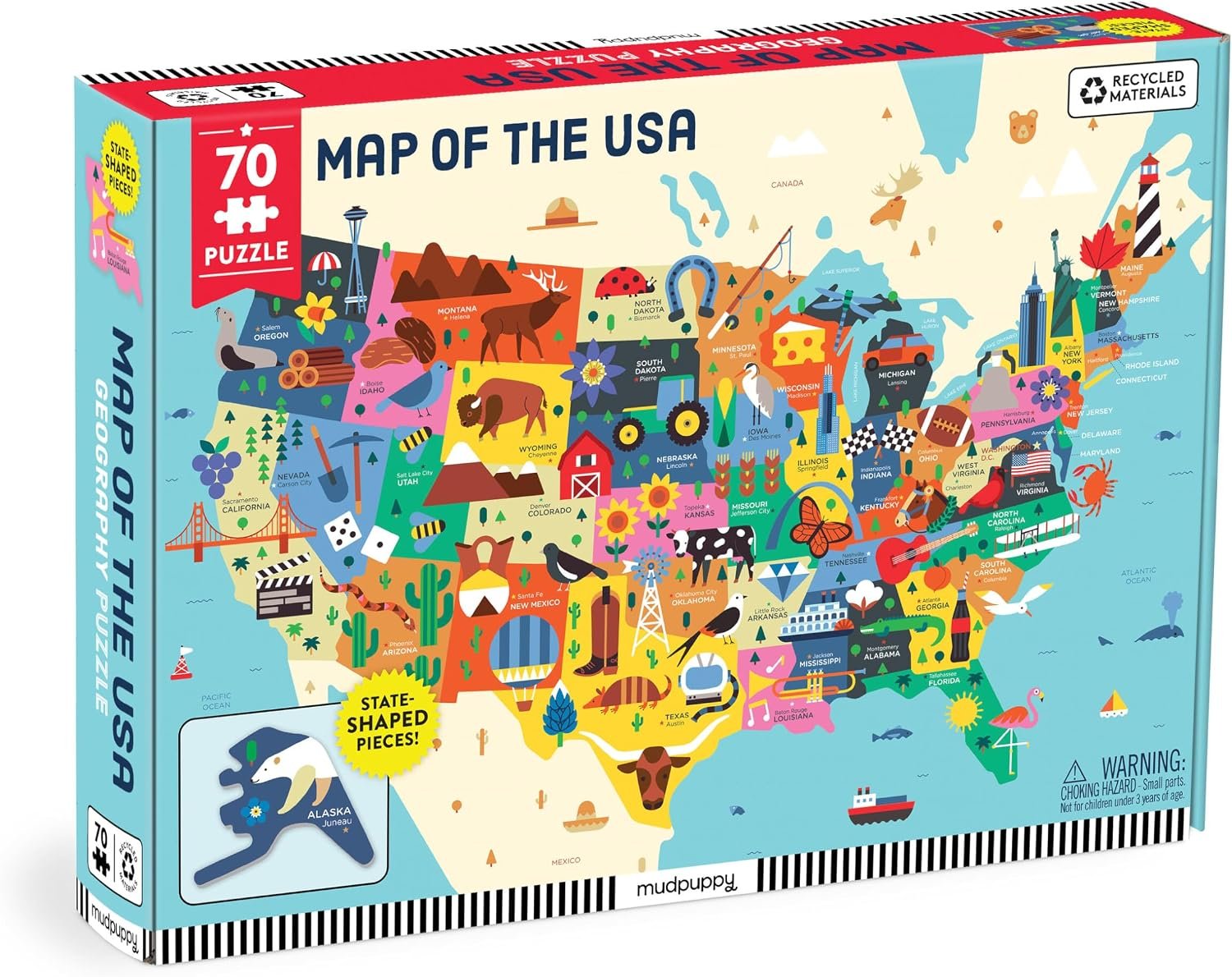 Mudpuppy Map Of The USA – 70 Piece Geography Puzzle with State-Shaped Pieces and Iconic Landscapes Cultural Items And More