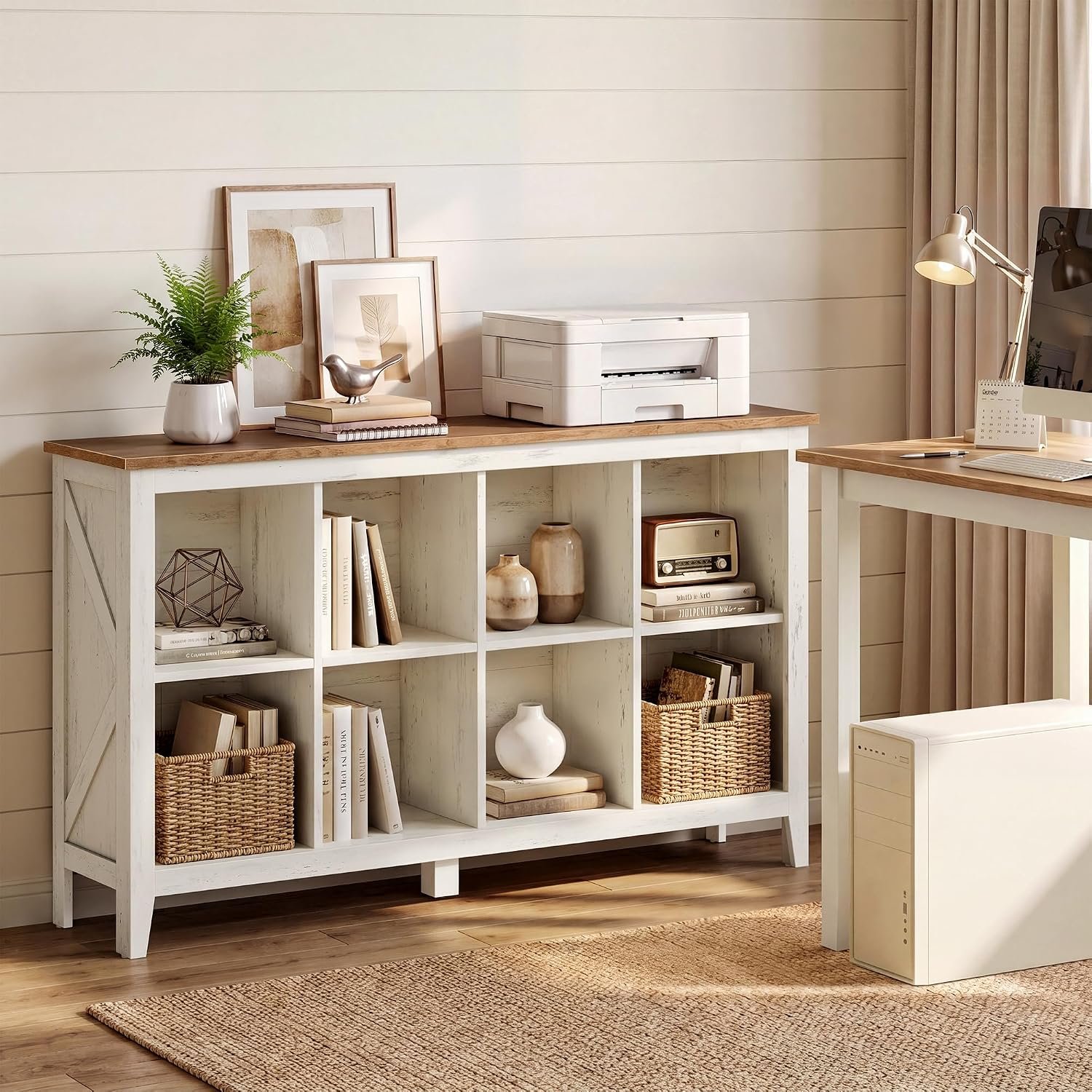 VASAGLE Liry Collection Farmhouse Bookcase, 8-Cube Storage Organizer with Legs, Adjustable Shelves, 50.2 x 11.6 x 29.8 inch, for Home Office, Living Room, Cloud White and Warm Brown ULBC138W101S