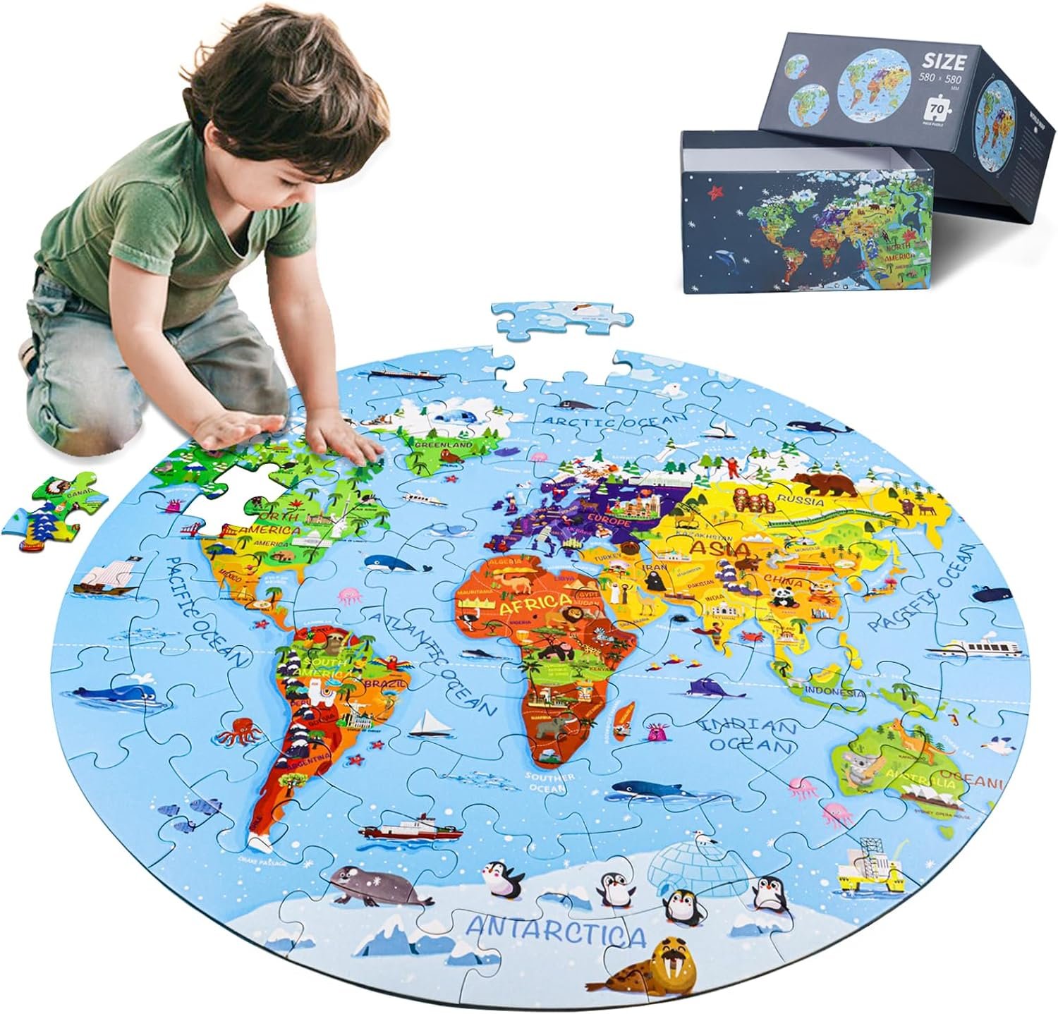 DIGOBAY World Map Jigsaw Puzzle for Kids 4-8, 70 Piece Large Round Floor Puzzles for Kids Ages Toddler Puzzle Globe Geography Games Educational Toys Birthday for Children | Large Round Big Kids Toddler Puzzle Globe Geography Games Educational Puzzles Toys Birthday Gifts for Children Ages 8-10
