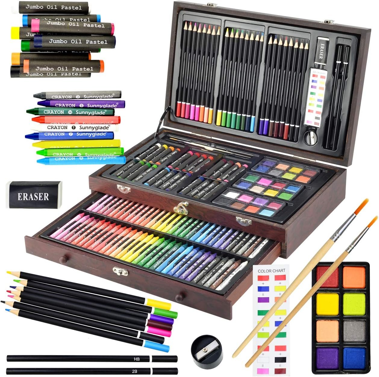 Sunnyglade 145 Piece Deluxe Art Set Wooden Art Box & Drawing Kit Cherry | Art Kit with Crayons, Oil Pastels, Colored Pencils, Watercolor Pans, Sketch Pencils, Brush, Sharpener, Eraser, Color Chart