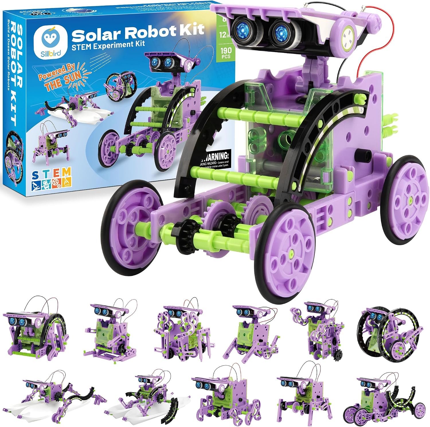 Sillbird Solar Building Robot Kit, 12-in-1 STEM Gift for Boys Aged 8-14 | Powered by the Sun, Engineering Skills, Birthday Presents for Kids, Learn Through Solar Power Play, 190 Pieces