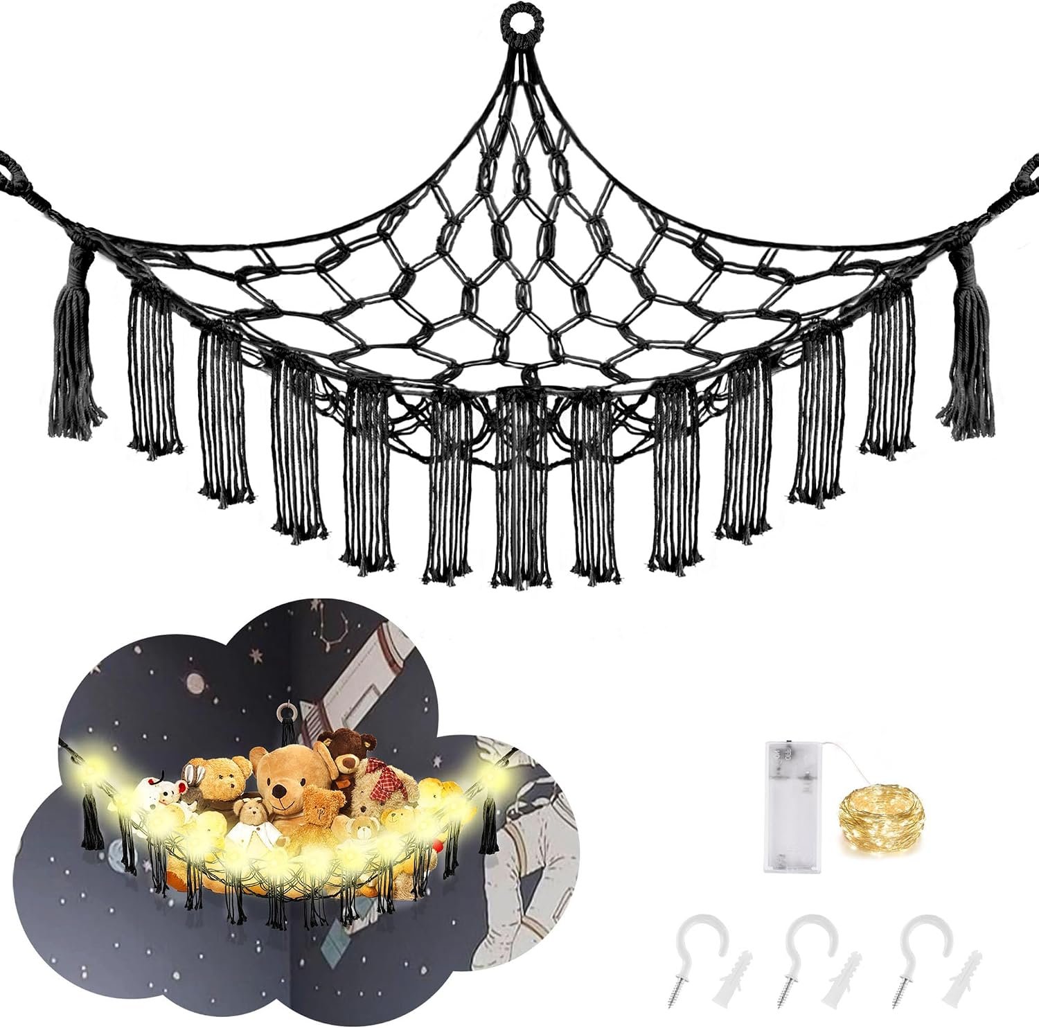 CERETIA Stuffed Animal Hammock Large Corner Plushie Net Storage, Black | With LED Light, Large Stuffed Animals Storage for Kids Room Decor
