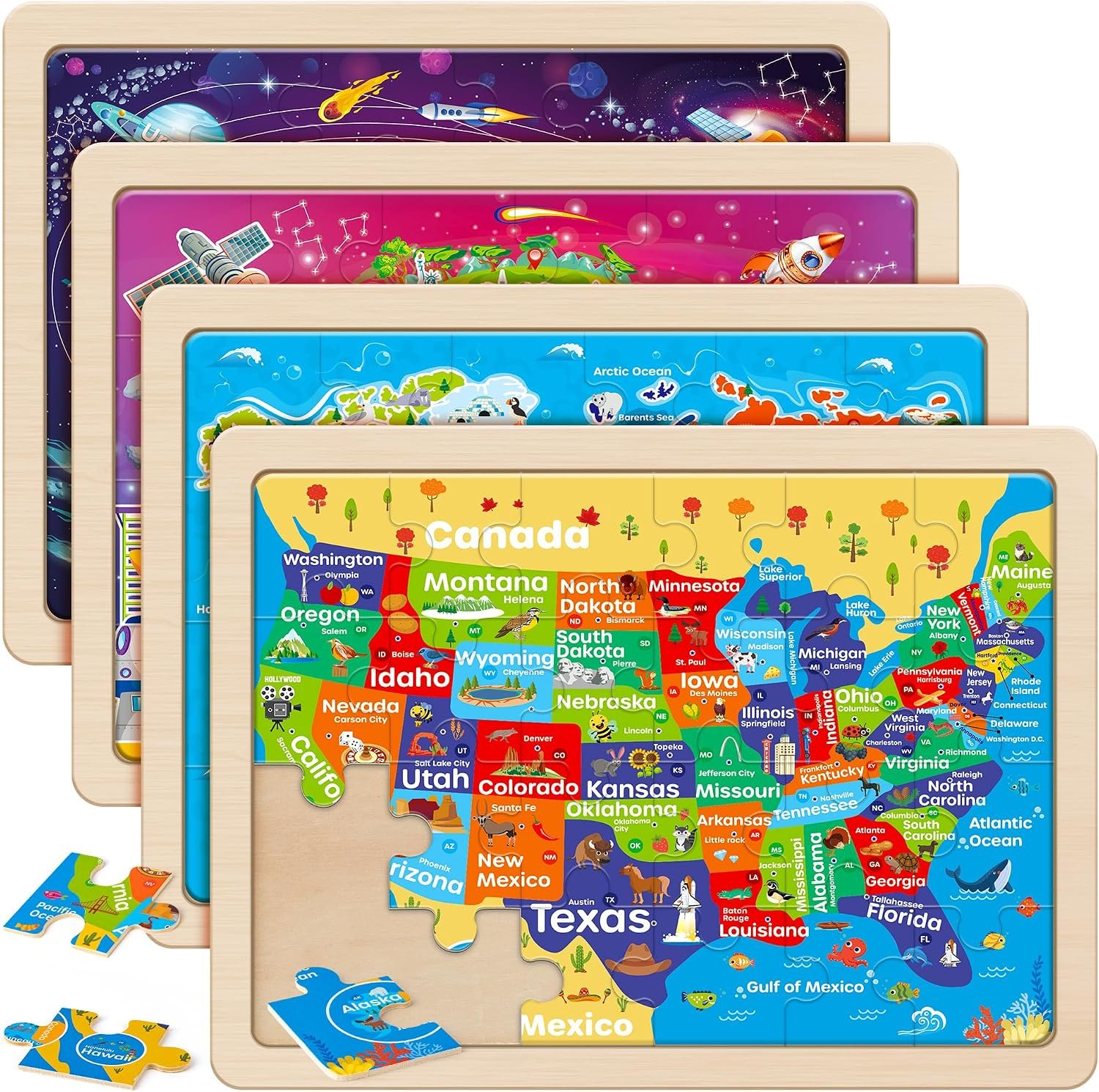 SYNARRY Large US World Earth Solar System Wooden Puzzles for Kids Gift Box(12.2 * 9.4 in), Puzzles for Toddlers 3-5, Wood Puzzles for Kids Ages 4-6, Easter Basket Stuffers Gifts for Kids