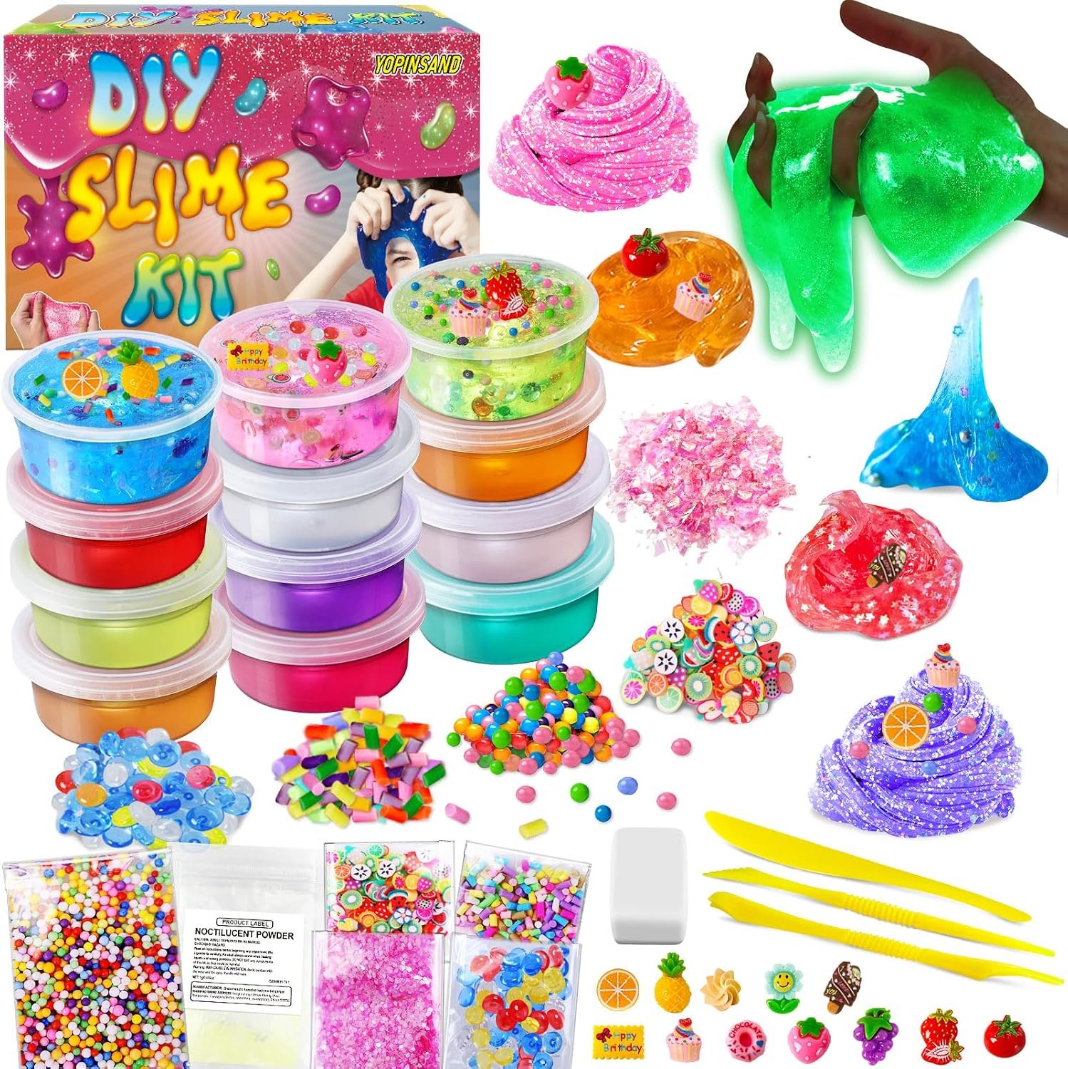 12 Cups DIY Slime Making Kit for Girls – Crystal Clear and Glow in The Dark | with Add-ins, Foam Balls, Charms – Party Favors Gift Toys for Kids 3-12