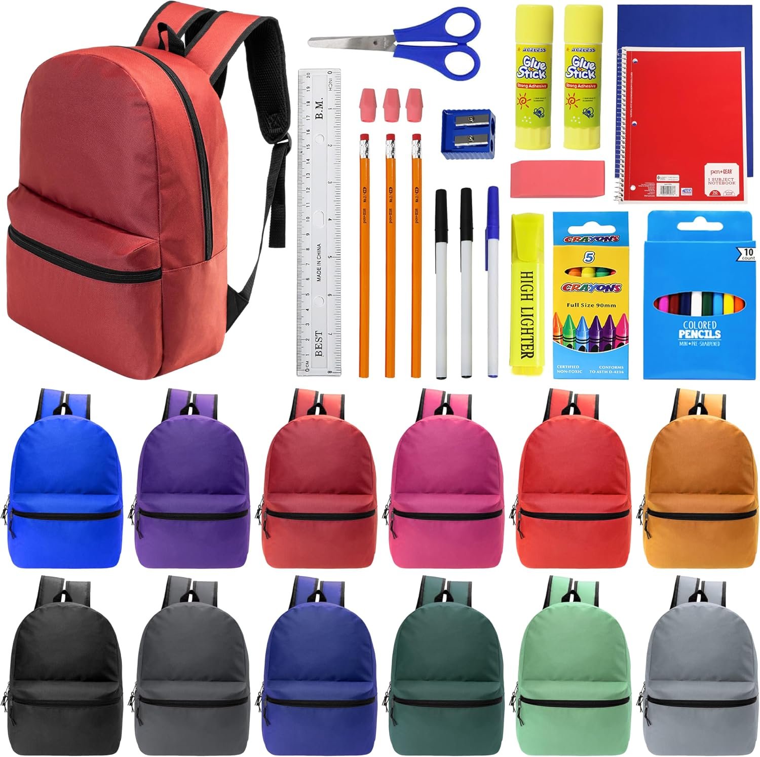 Moda West 12 Pack 17″ Bulk Wholesale Backpacks with 34 Piece School Supplies Kits, 12 Colors