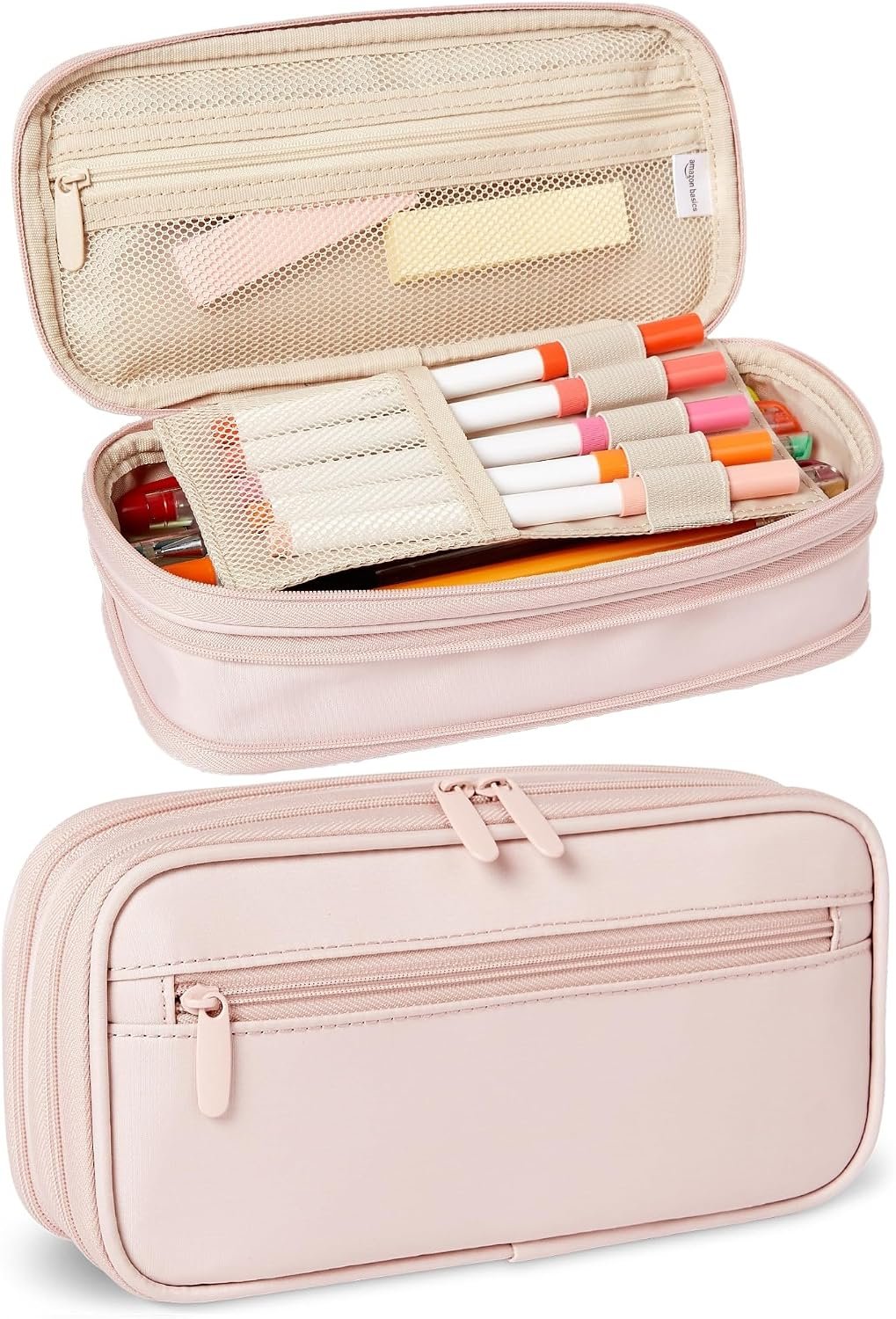 Amazon Basics Large Capacity Pencil Case with Durable Zipper, Multi-Compartment, Storage Space, Easy to Carry, Rose Mild