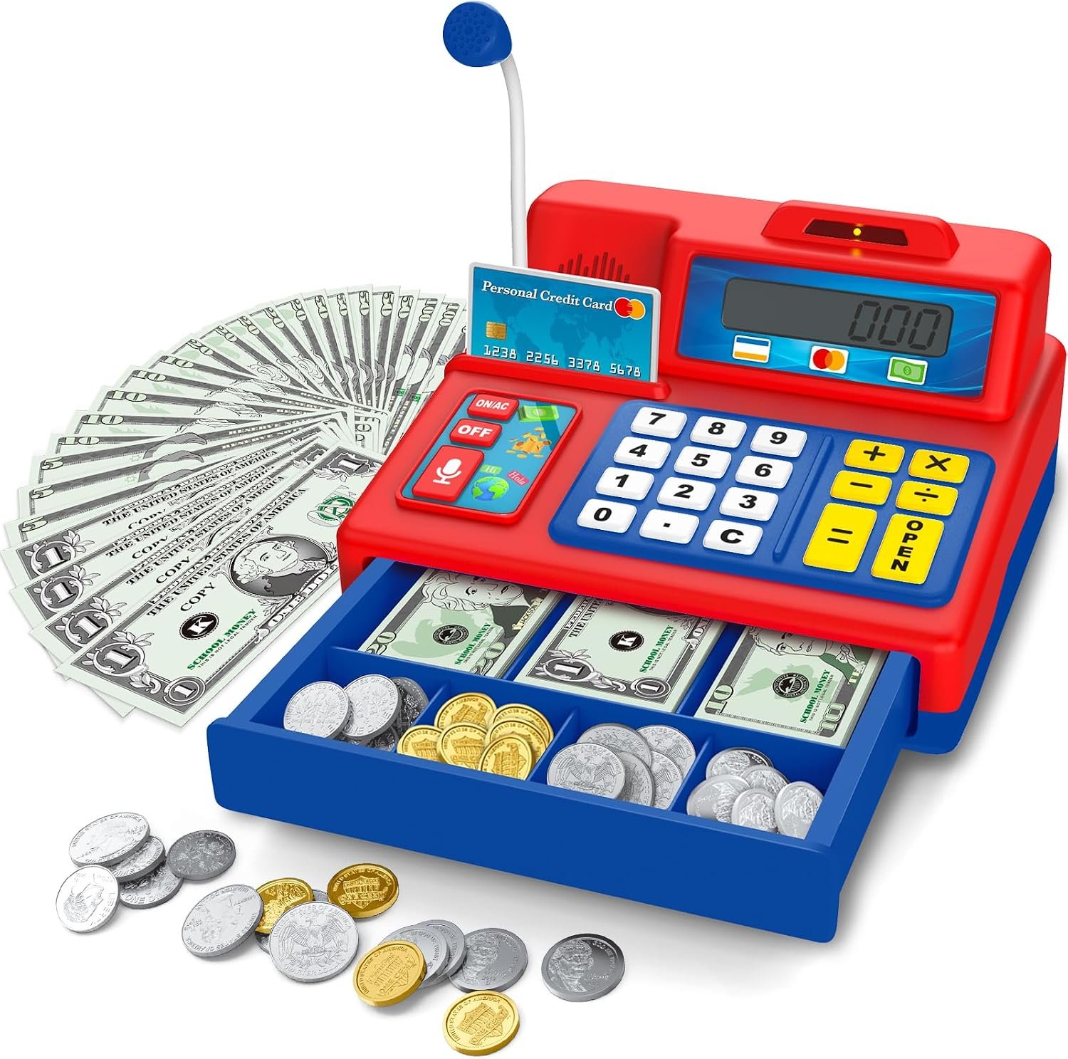 Calculator Cash Register – 103 Pcs Toy Cash Register, Microphone, Credit Card and Banking for Kids, Early Math Skills Toys Gifts for 3, 4, 5, 6 7 8+ Years Old Boys Girls