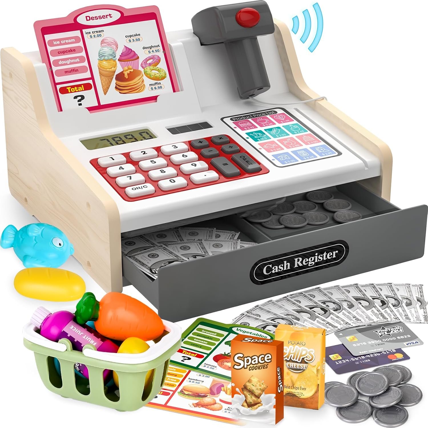 maysida Wooden Kids Cash Register with Scanner, Pretend Play Cash Register Toy for Kids with Fake Money, Food, Credit Card, Toddler Boys Girls Age 3+ 4-8