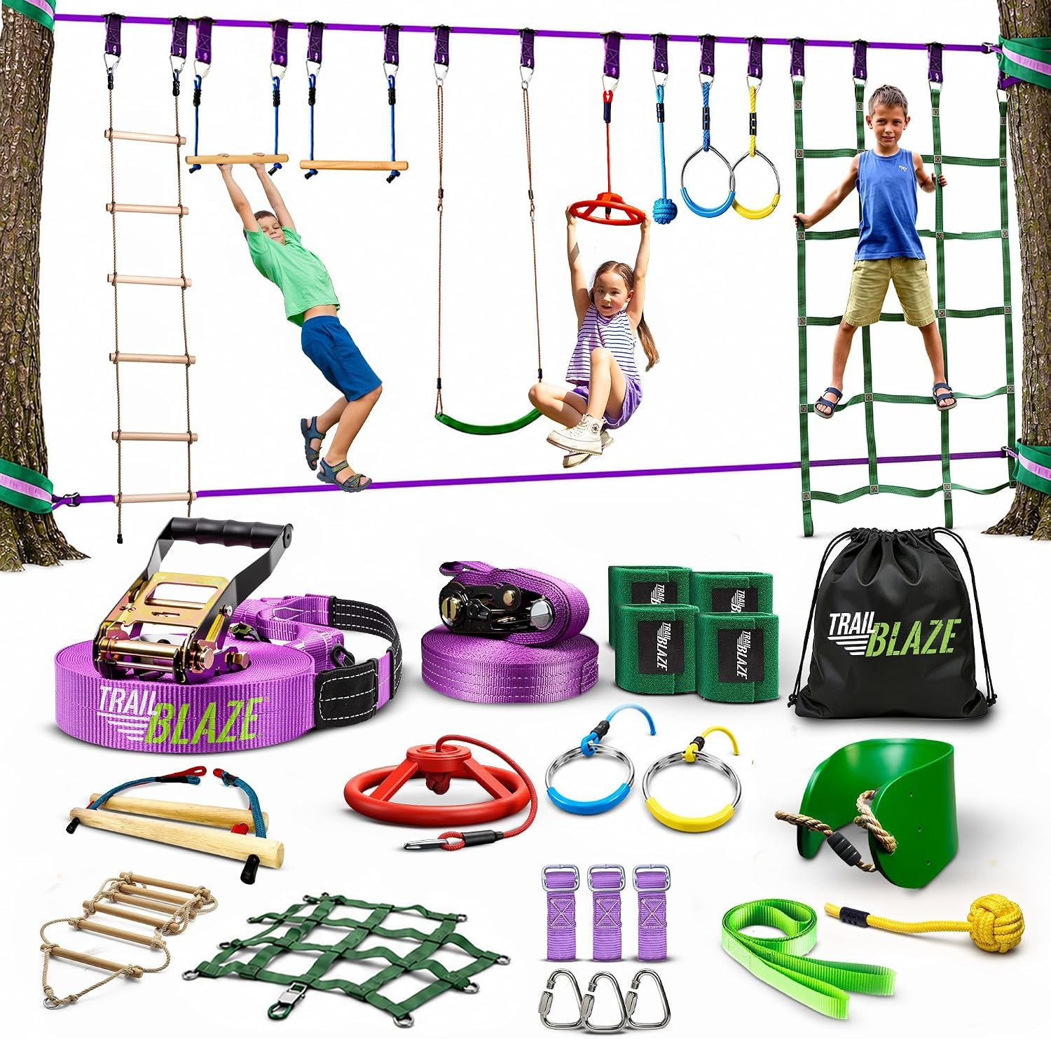 Trailblaze Ninja Warrior Obstacle Course for Kids – Ultimate Outdoor Fun 2×55 Ft Ninja Slackline Climbing Net Rope Ladder Trapeze Swing Monkey Bars – Durable and Safe Ninja Course for Kids Outside | 450lb Capacity Ultimate Outdoor Fun and Durable Ninja Course for Kids Outside with Ninja Wheel, Seat Swing and much more